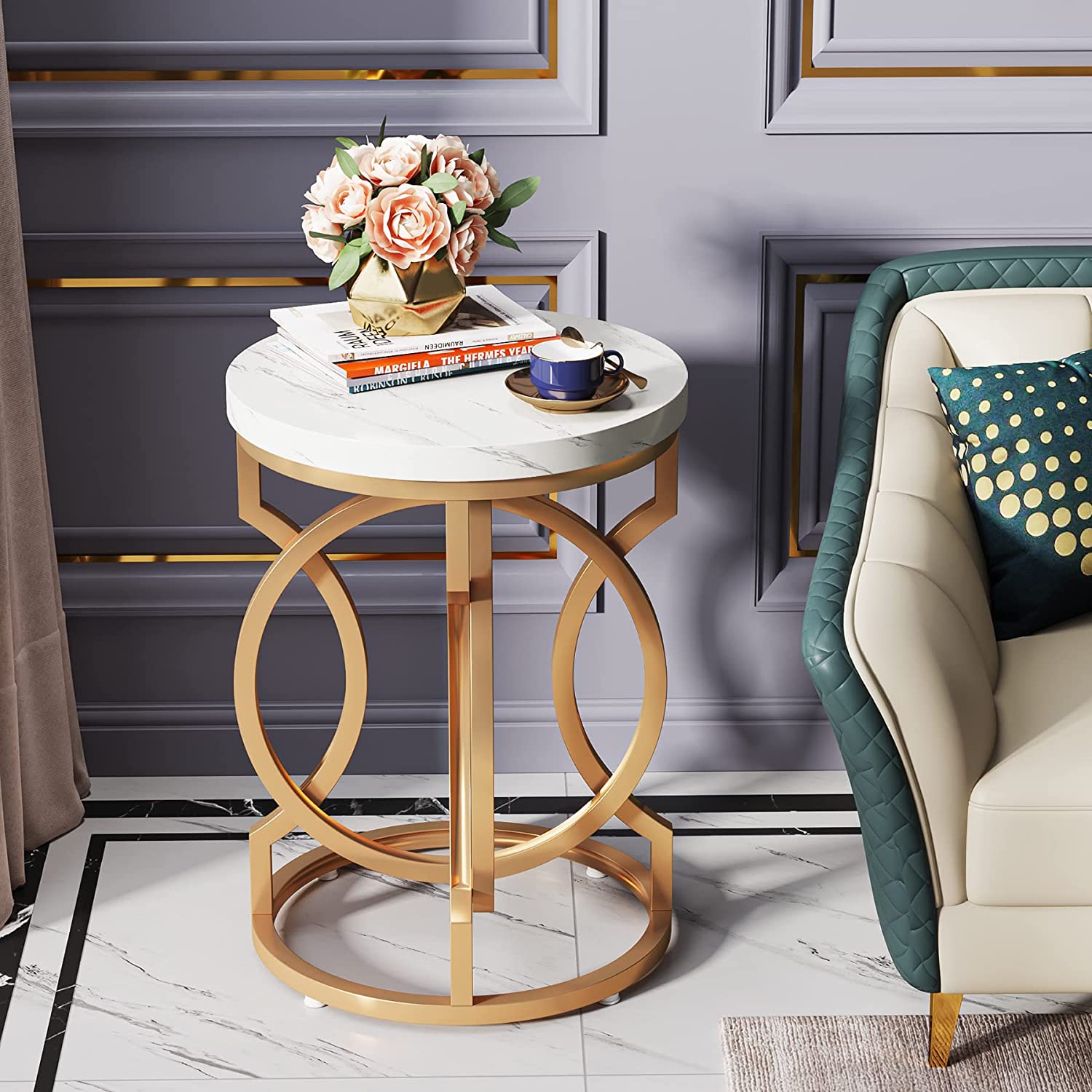 Modern Round End Table with Faux Marble Top - Stylish Nightstand for Bedroom, Living Room & Office - Perfect for Small Spaces & Home Decor