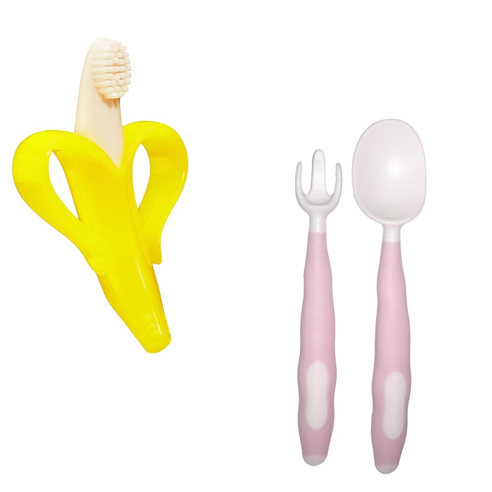 Kritiu Banana-Shaped Baby Brush & Spoon Set | Soft Silicone Teether Toy for Infants | BPA-Free, Non-Toxic & Easy to Clean | Yellow & Baby Pink | Perfect for Feeding, Teething Relief & Early Oral Care