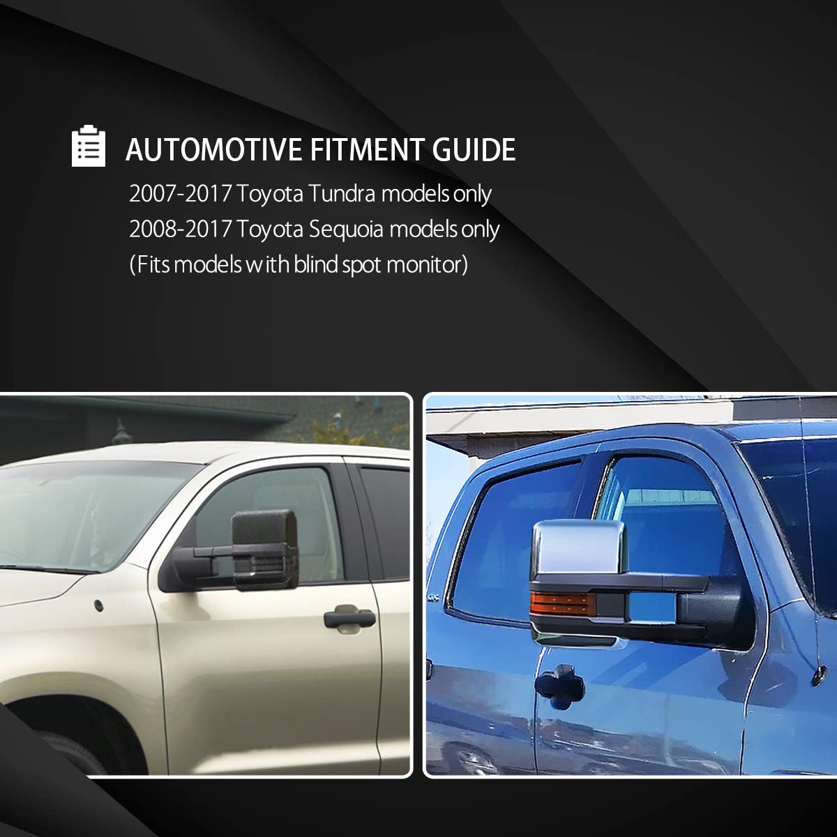 AutoHeated Power Towing Mirrors for Toyota Tundra 2007-2021 & Sequoia 2008-2017 - Smoke LED Turn Signals with Blind Spot Detection - Perfect for Towing, Camping & Off-Road Adventures