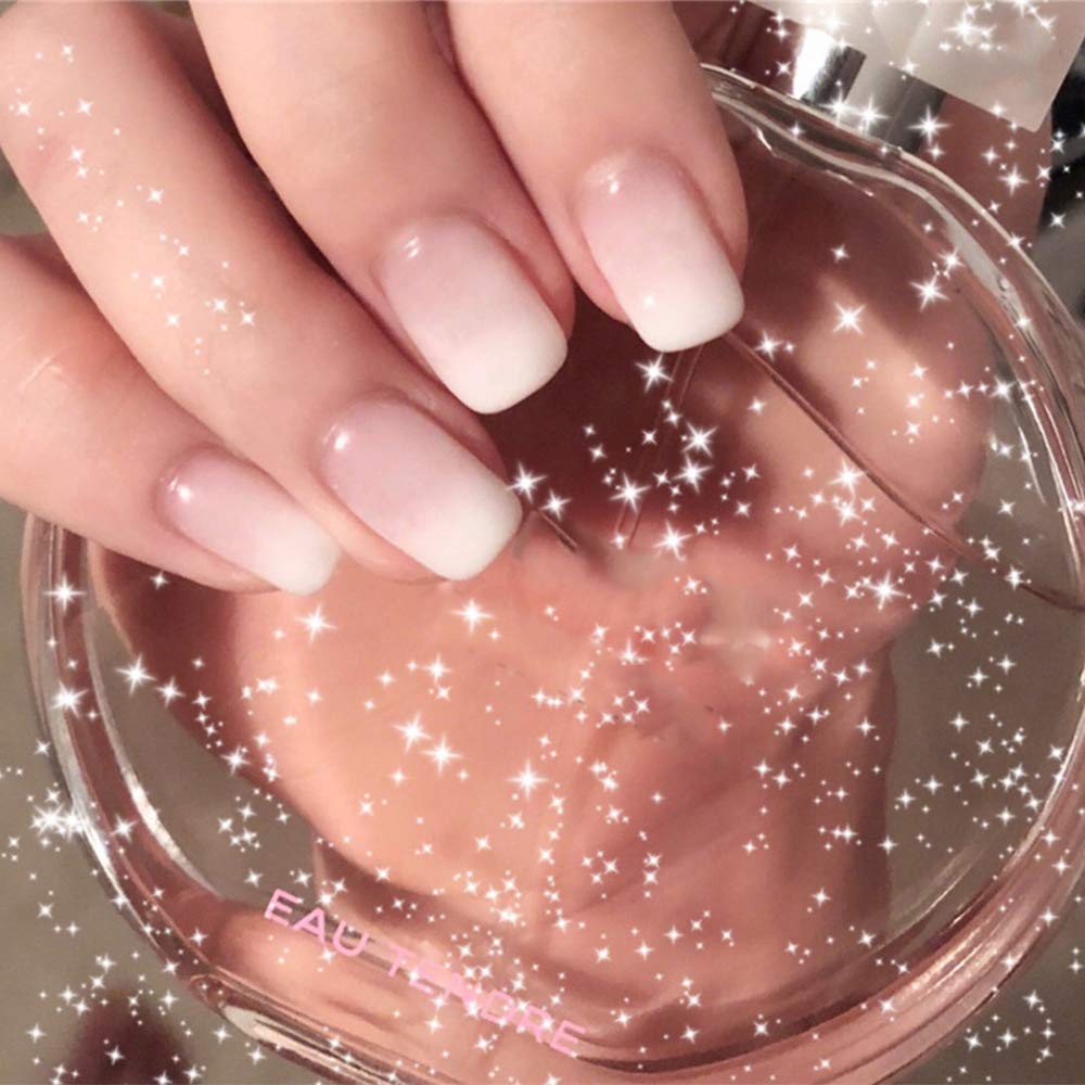 24Pcs French Ombre False Nails - Glossy Gradient Short Square Fake Nails with Glue & Salon Clip - Full Cover Acrylic Nails for Women & Girls (White) - Perfect for Parties, Weddings & Daily Wear