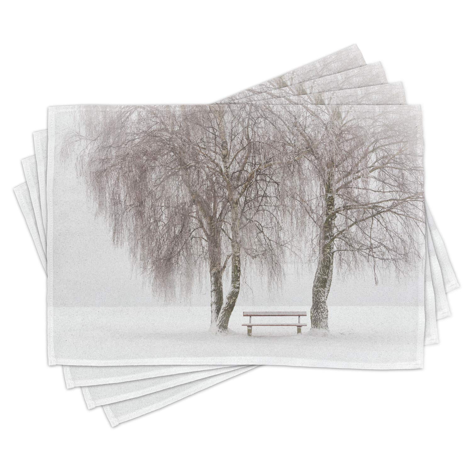 Ambesonne Winter Placemats Set of 4 - Snowy Park Bench Scene with Blizzard Holiday Design - Washable Fabric Table Mats for Dining Room & Kitchen Decor (White & Brown) - Perfect for Christmas Dinners, Cozy Winter Meals & Holiday Table Settings