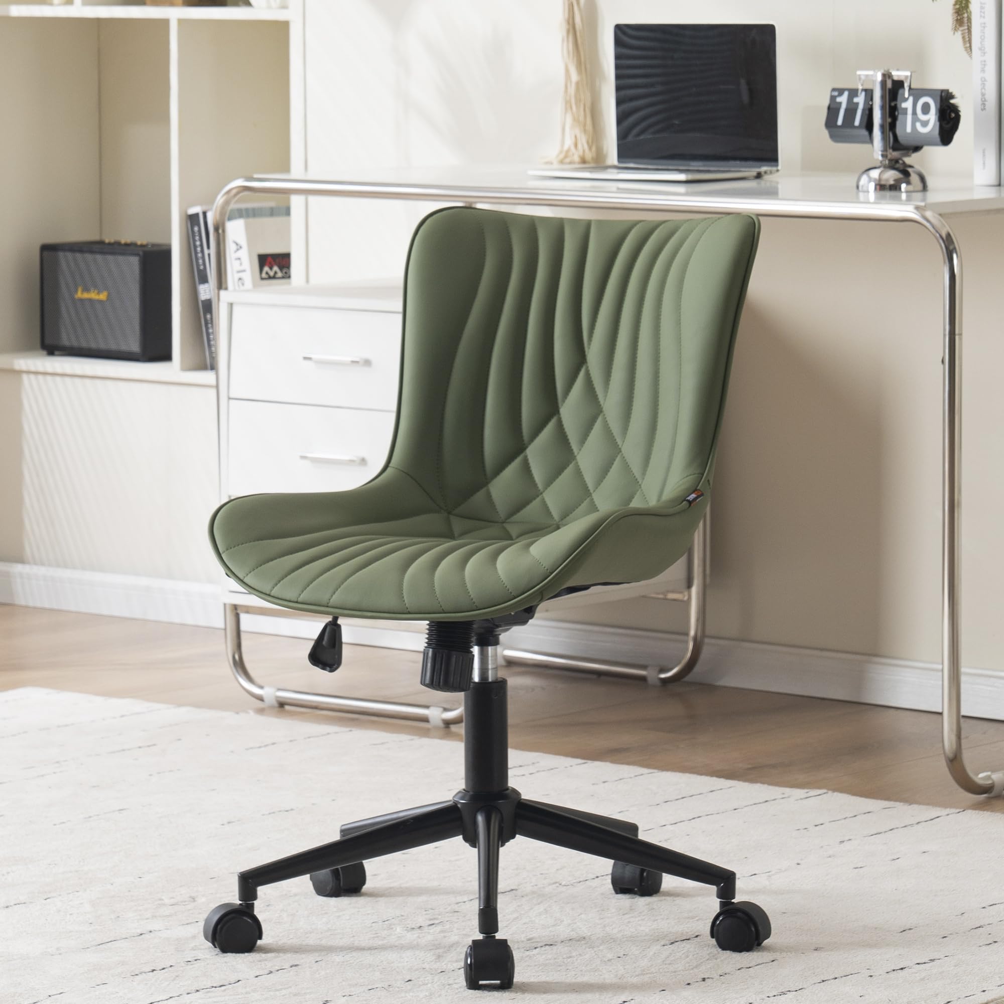 YOUNIKE Modern Armless Office Chair - PU Leather Upholstered Adjustable Swivel Desk Chair with Wheels for Home & Computer Work - Dark Green - Perfect for Small Spaces, Gaming & Remote Work