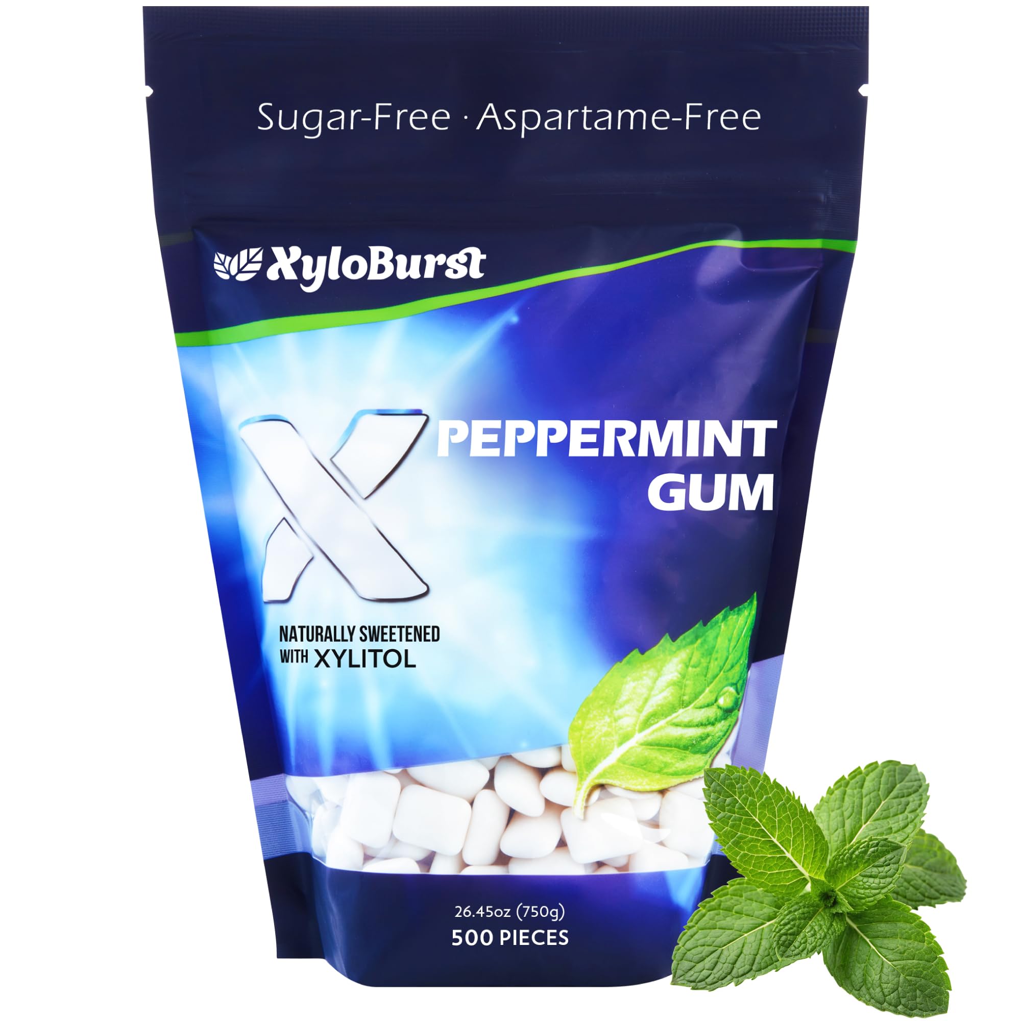 XyloBurst Xylitol Chewing Gum - Sugar Free, Gluten Free, Keto Friendly, Aspartame Free - Peppermint Flavor for Fresh Breath & Oral Health - 500 Count Bulk Bag - Perfect for Office, Travel & Daily Freshness
