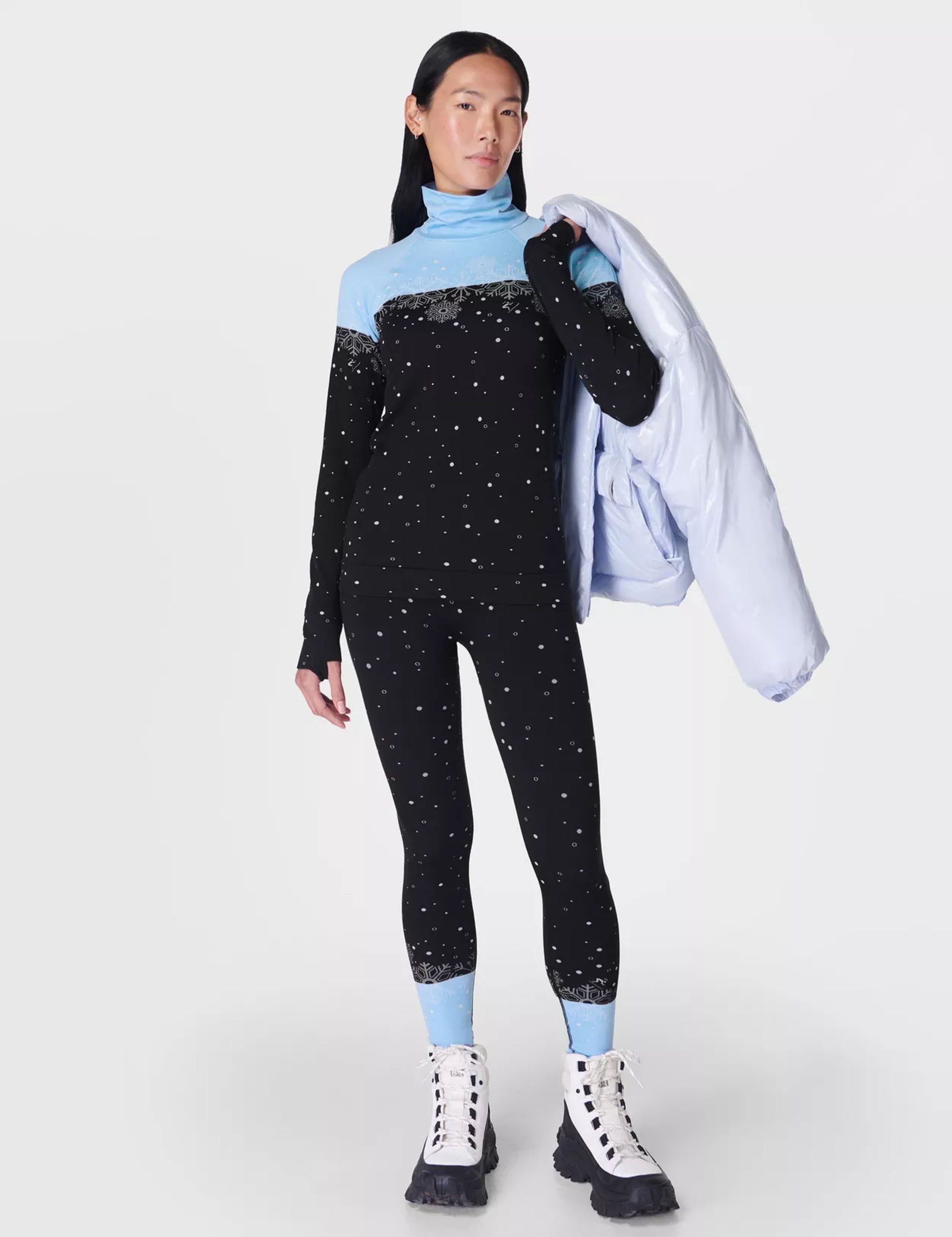 Snowflake Funnel Neck Base Layer Top - Blue Jacquard Thermal Shirt for Women | Winter Warm Fleece Lined Shirt for Skiing, Snowboarding & Cold Weather Activities