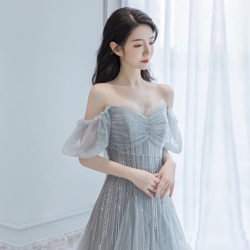 Elegant Off Shoulder Silver Gray Tulle Prom Dress - A-Line Evening Gown for Formal Events | Perfect for Homecoming, Quinceañera & Wedding Guest Dresses