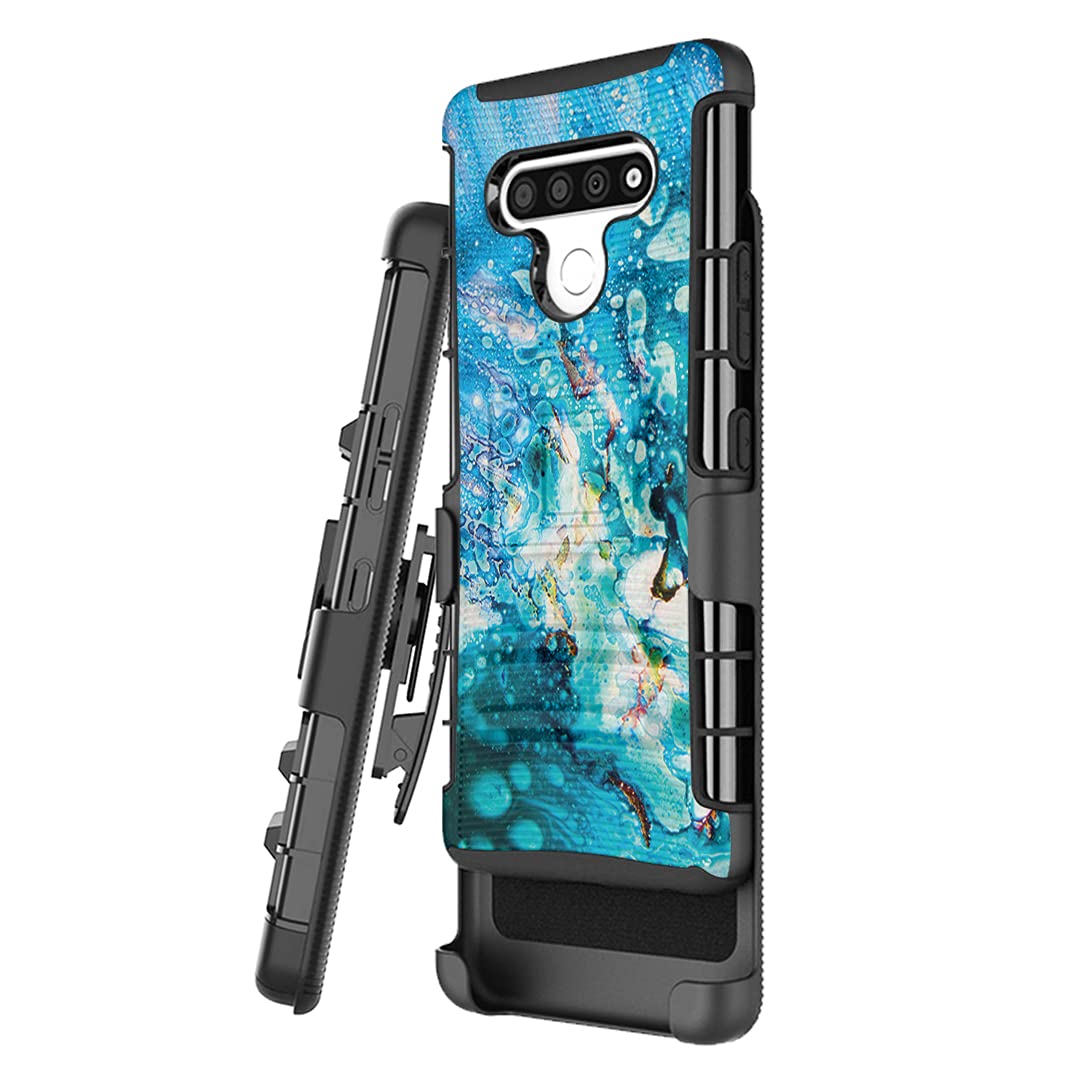 Military Shockproof LG K51 Case with Kickstand & Belt Clip - Heavy Duty Protection for All Carriers (Blue Geode) - Perfect for Outdoor & Work Use