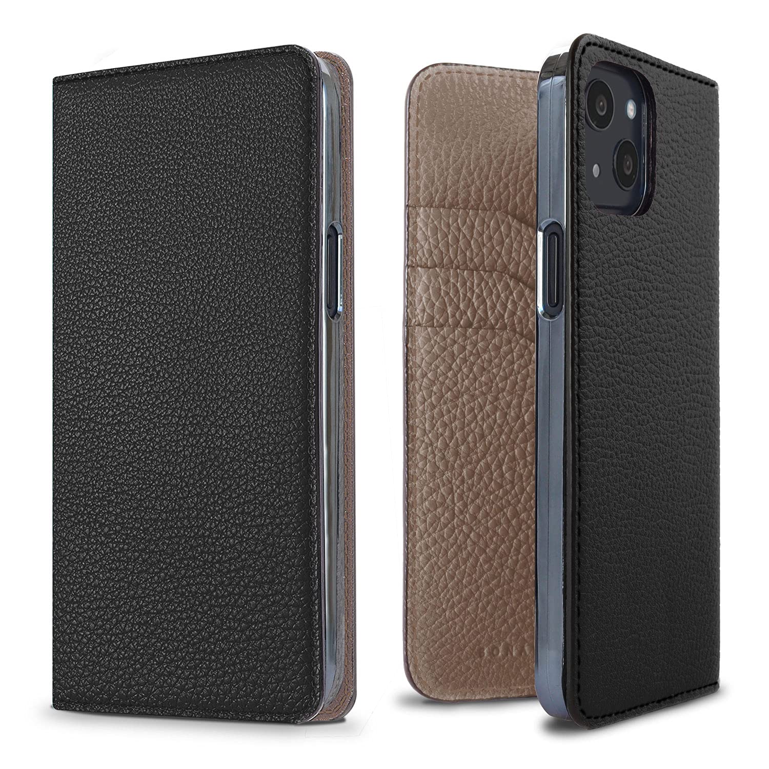 BONAVENTURA Diary Smartphone Case for iPhone 13 - Slim Protective Cover with Premium PU Leather (Black & Etoupe) | Perfect for Work, Travel & Everyday Use