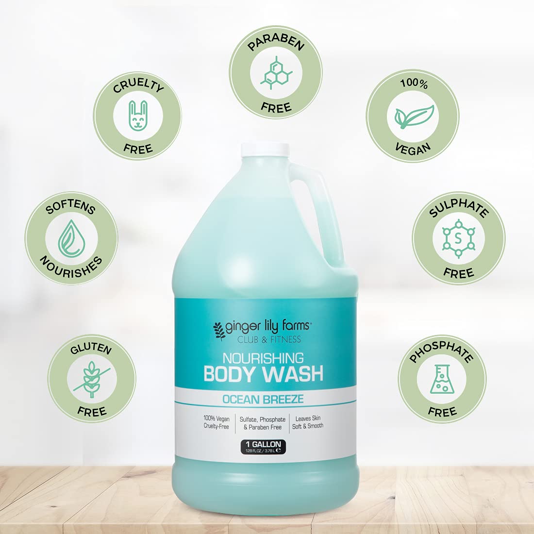 Ginger Lily Farms Club & Fitness Nourishing Body Wash - 100% Vegan, Cruelty-Free, Ocean Breeze Scent - 1 Gallon Refill (Pack of 4) - Perfect for Gyms, Spas & Home Use