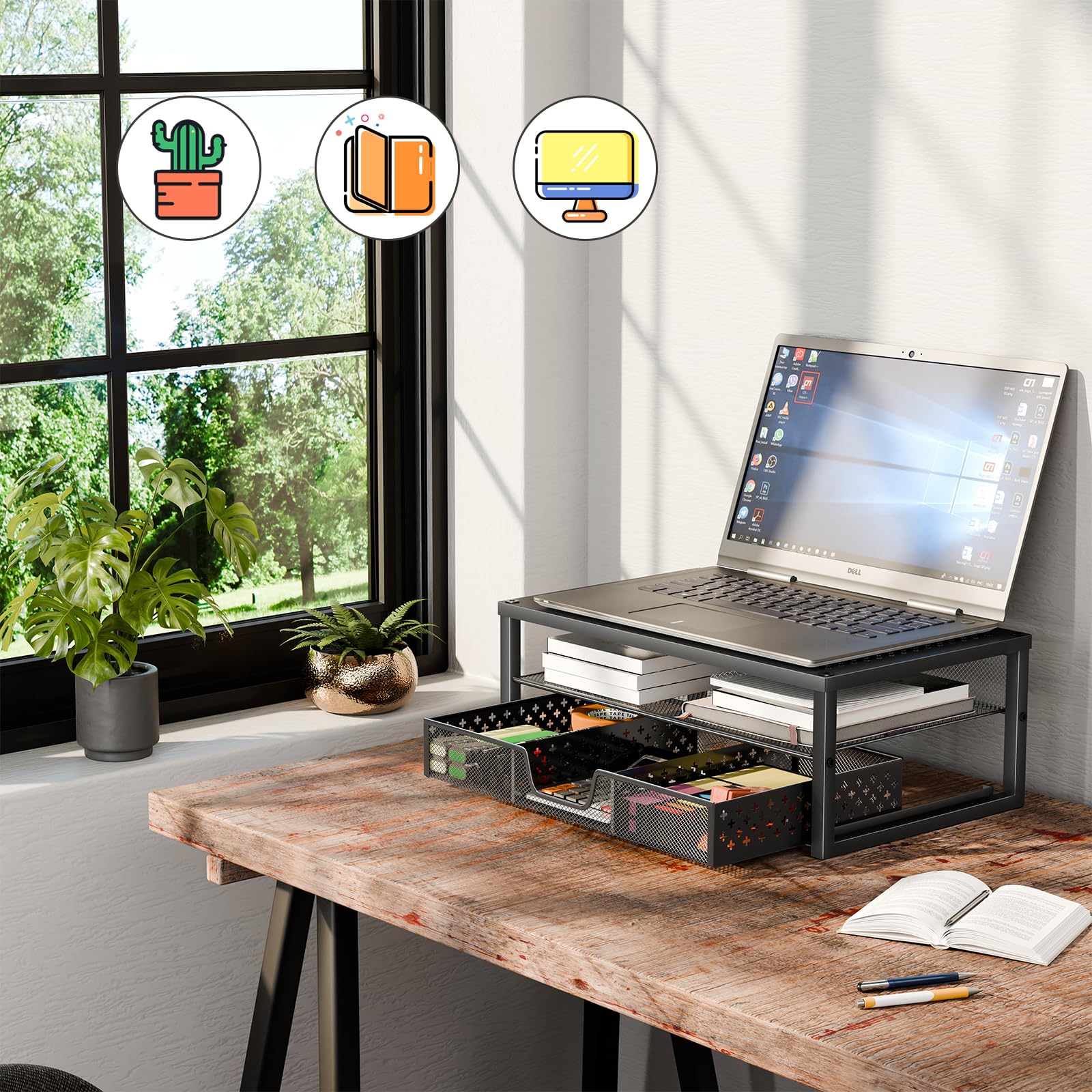 Black Metal Monitor Stand Riser with Storage Drawer - Ergonomic Desk Organizer for Laptop, Computer & iMac - Perfect for Home Office & Workspace Organization
