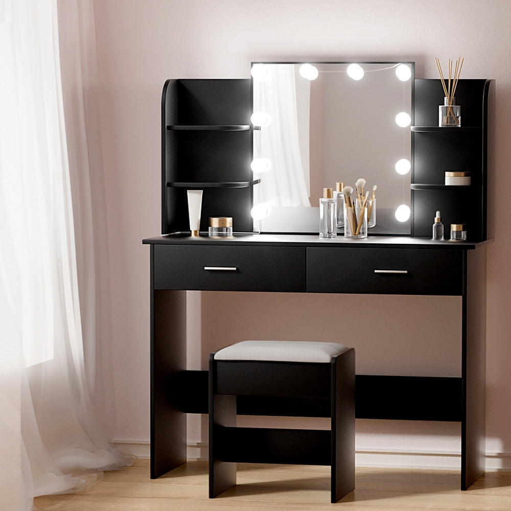 Dulcea LED Vanity Mirror with Stool Set - Black, Adjustable Brightness, Touch Control for Makeup & Skincare - Perfect for Bedroom, Bathroom, and Dressing Room