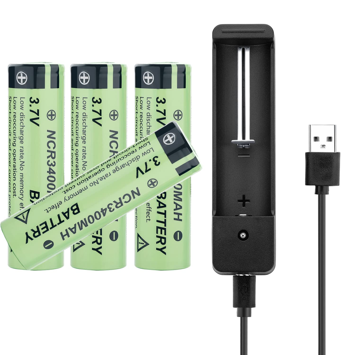 MUSIBEAUTY 18650 Battery Charger Kit - 4 Pack 3400mAh Rechargeable Li-ion Batteries with Smart Charger for Flashlights, Headlamps, RC Cars, Solar Lights | Ideal for Outdoor Camping, Emergency Power & Home Security Devices