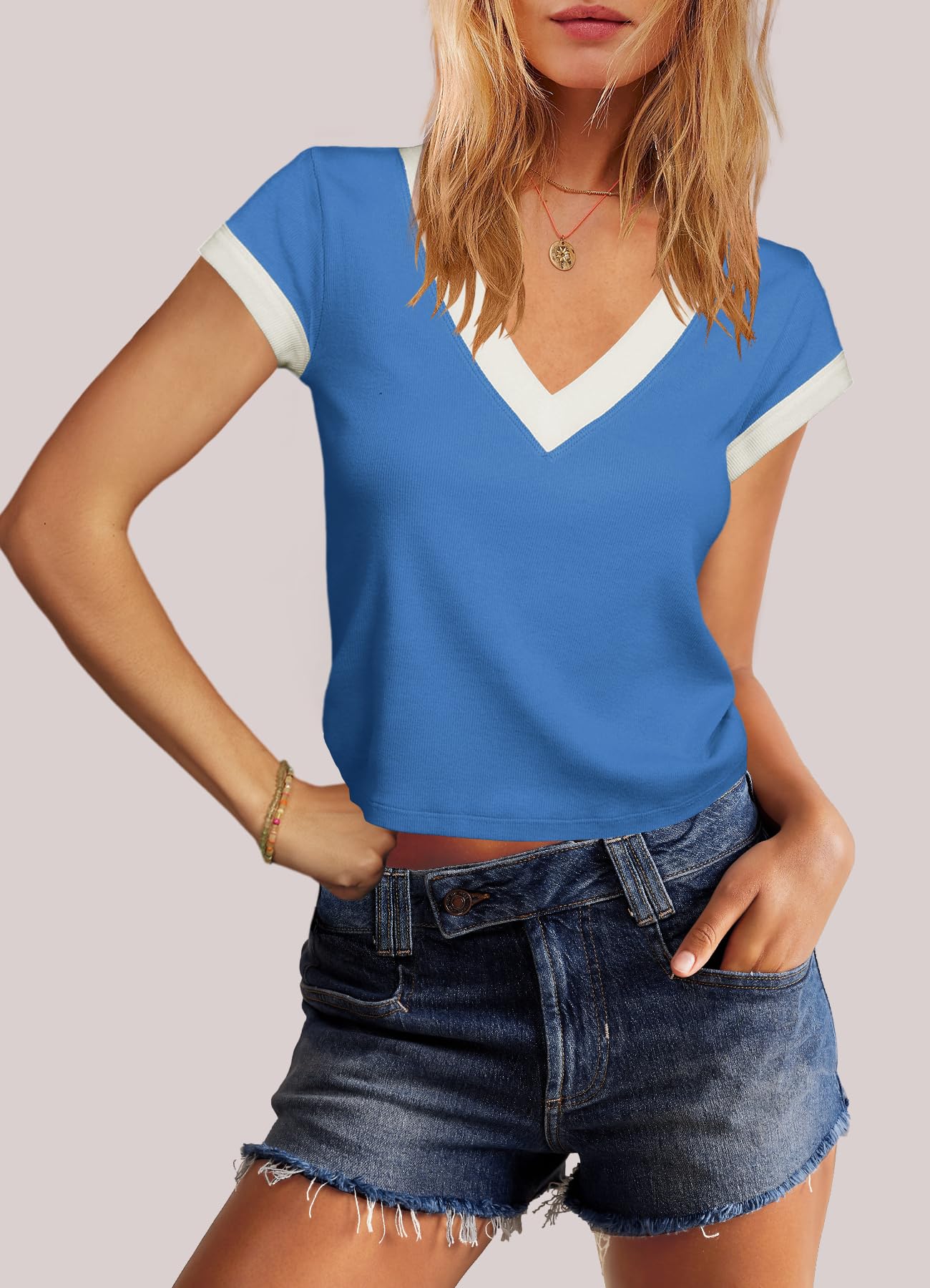 SENSERISE Women's V-Neck Cropped T-Shirt - Short Sleeve Color Block Casual Tee Top | Fitted Summer Shirt for Beach, Travel & Everyday Wear