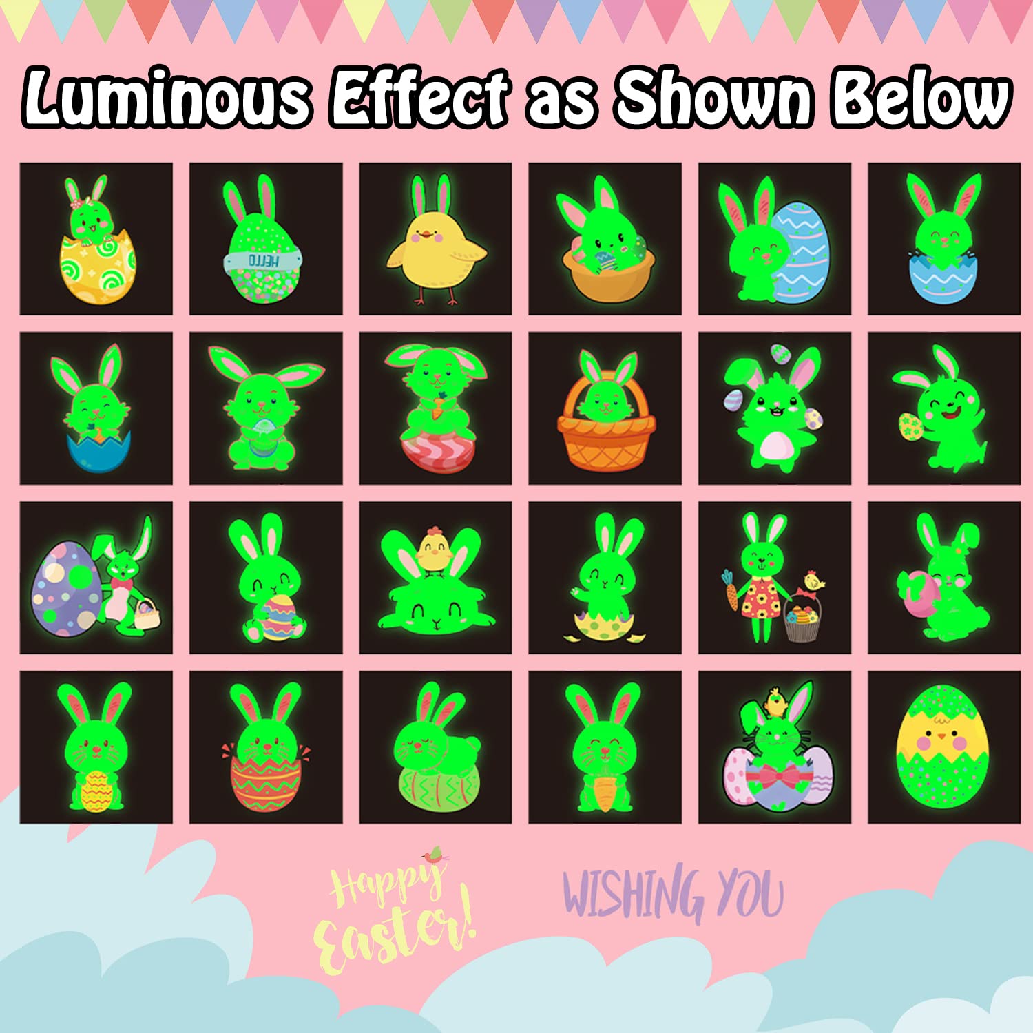 Partywind Glow in the Dark Easter Tattoos - 24 Pack Temporary Tattoos for Kids Easter Basket Fillers, Easter Party Decorations & Easter Egg Hunt Supplies - Perfect for Easter Celebrations, Birthday Parties & Spring Festivals