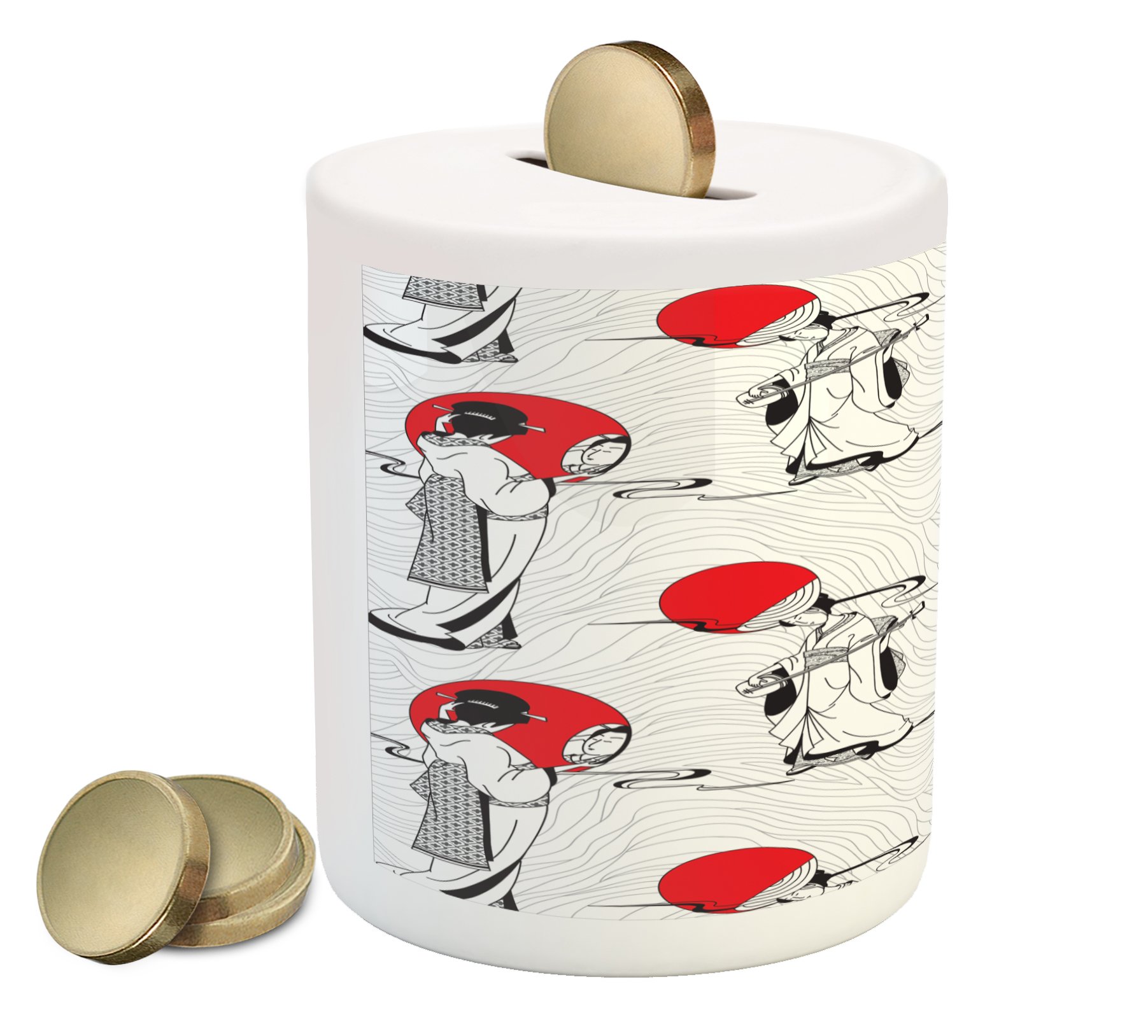 Ambesonne Asian Piggy Bank - Japanese Geisha Girl with Traditional Kimono Design, Ceramic Coin Bank for Cash Saving in Vermilion, Charcoal & Grey | Perfect Gift for Birthday, Housewarming & Asian Culture Enthusiasts | Home Decor & Money Saving Solution