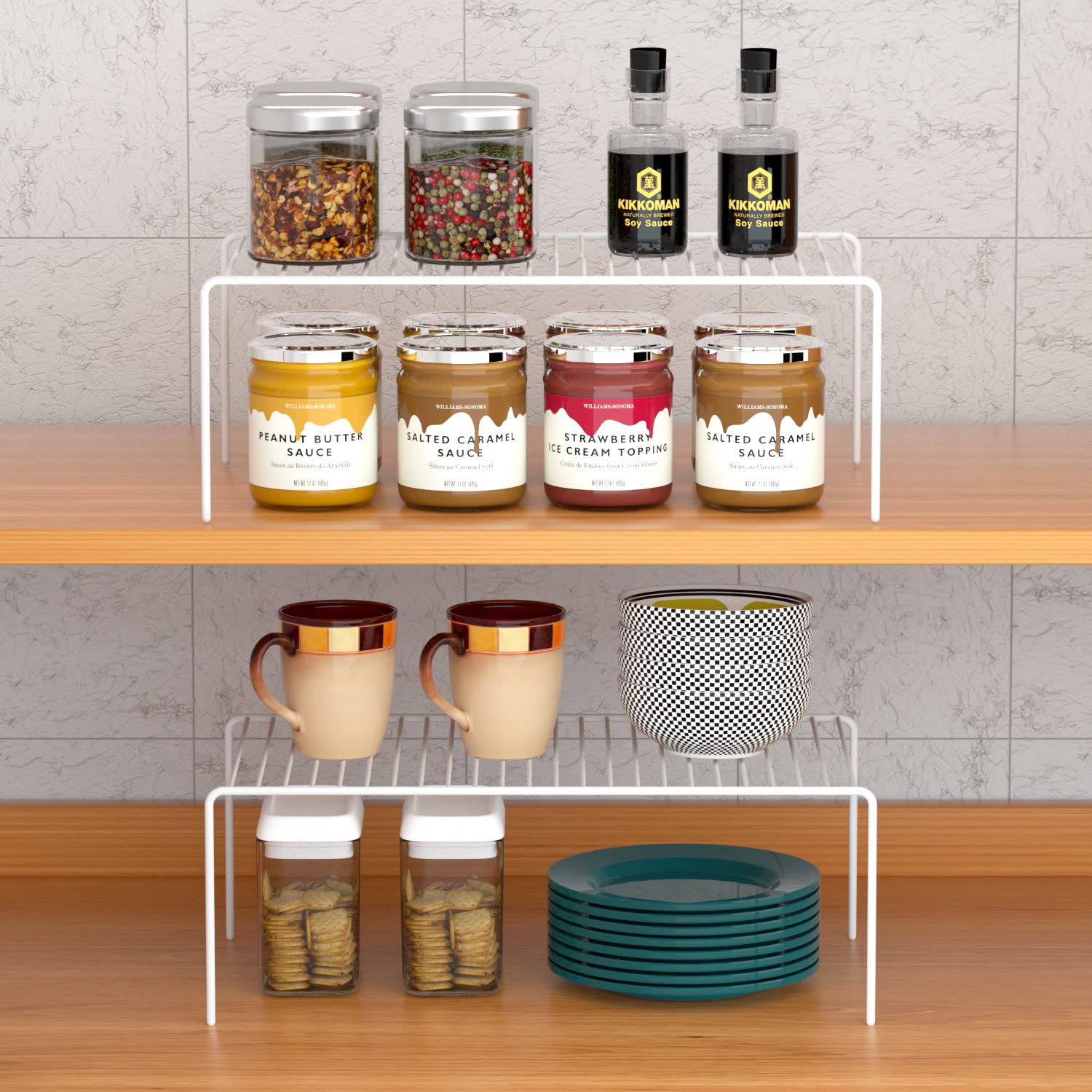 5-Pack Large Metal Wire Kitchen Cabinet Shelf Organizer Set (15.7 x 9.4 Inch) - Pantry Storage Shelves, Dish Plate Racks for Cabinets, Freezer, Counter & Cupboard - Perfect for Organizing Spices, Canned Goods & Kitchenware - White