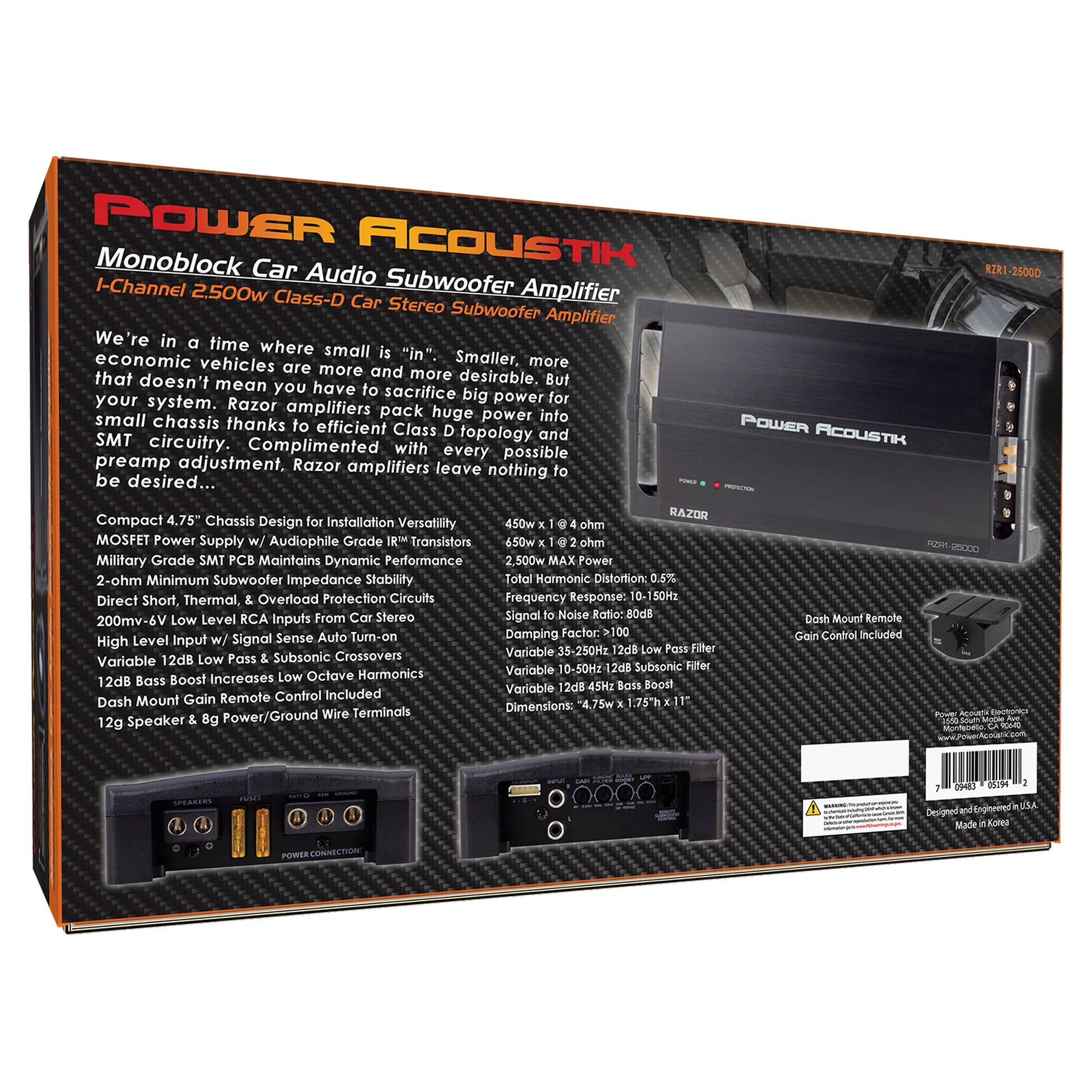 RZR1 2500D 1-Channel Car Amplifier - 2500W Max Power, 2 Ohm Stable, High-Performance Subwoofer Amp for Deep Bass - Perfect for Car Audio Systems & Bass Enthusiasts