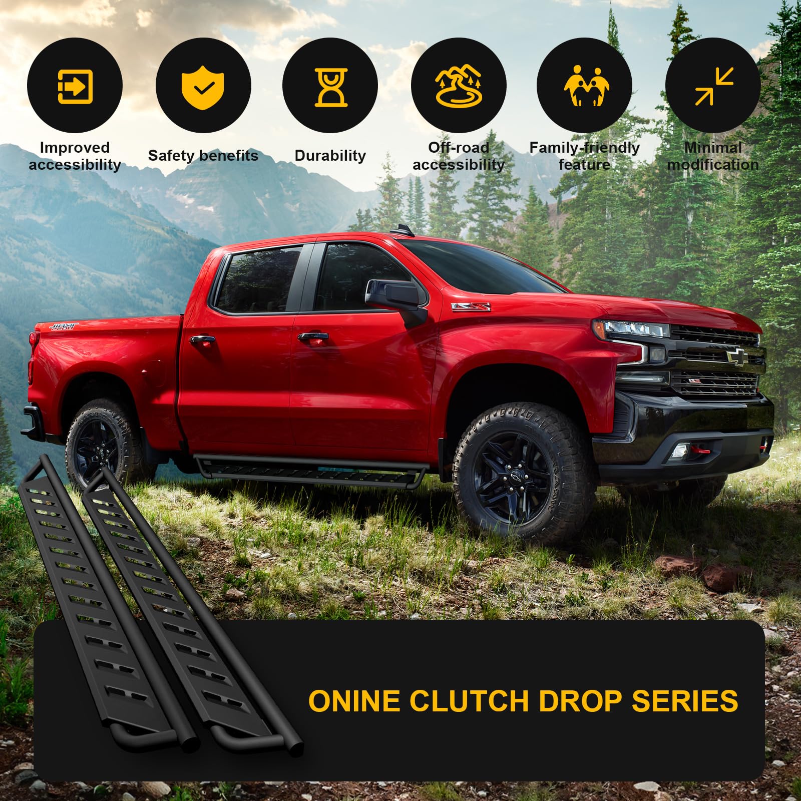 ONINE Clutch Drop Running Board - Custom Fit for 2019-2025 Chevy Silverado/GMC Sierra 1500 & 2020-2025 Silverado/Sierra 2500HD/3500HD Crew Cab - Textured Black Nerf Bar Side Step - Perfect for Off-Roading & Truck Accessorizing