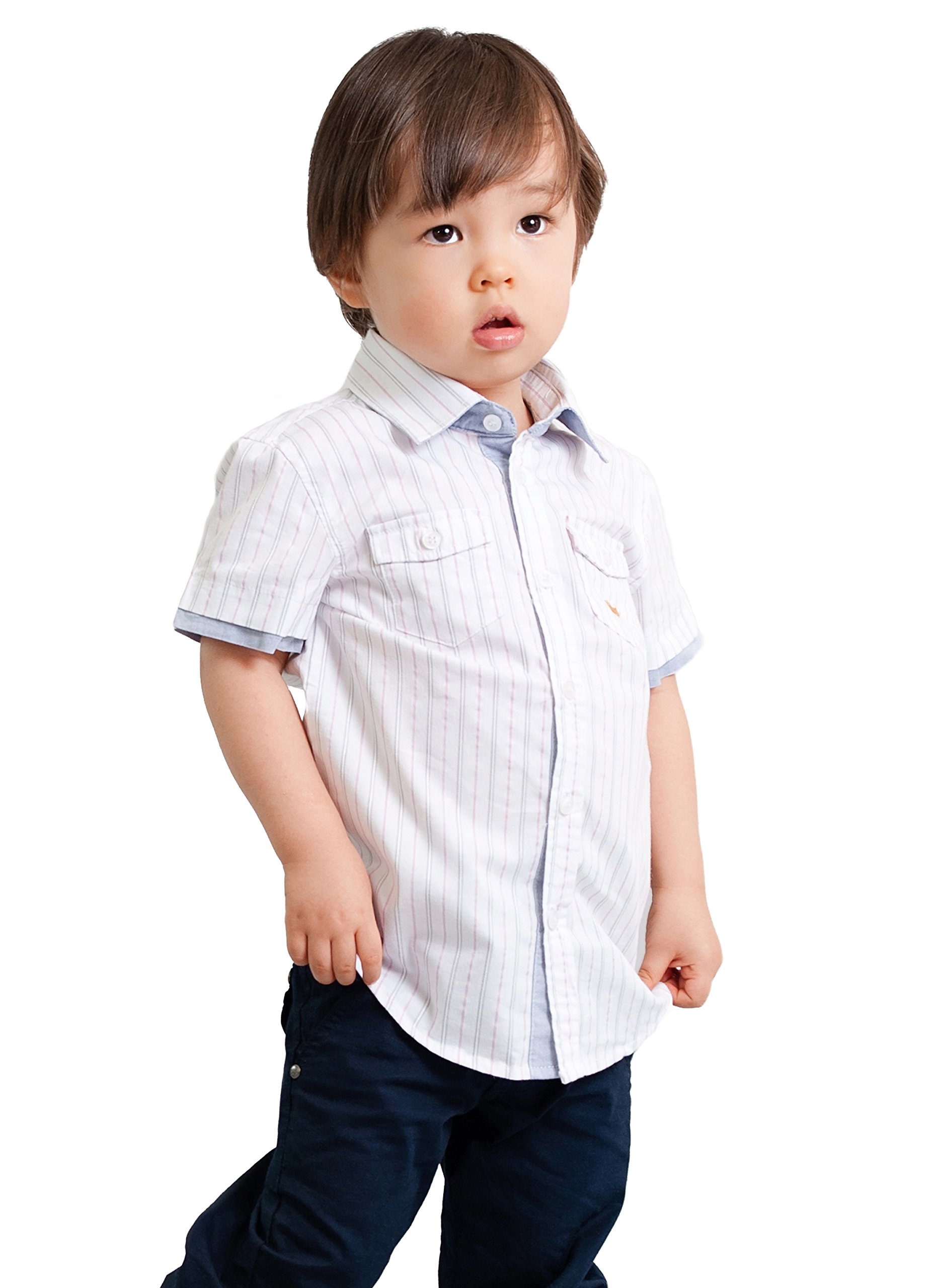 Boys' White Striped Short Sleeve Dress Shirt with Pockets - Toddler Formal Wear for School, Parties & Family Photos