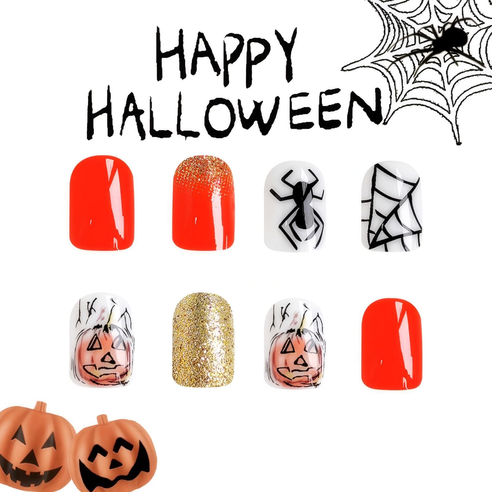 24pcs Halloween Press On Nails - Short Square Fake Nails with Pumpkin & Spider Design, Gold Glitter Acrylic Full Cover False Nails for Women | Perfect for Halloween Parties, Costume Events & Spooky Nail Art