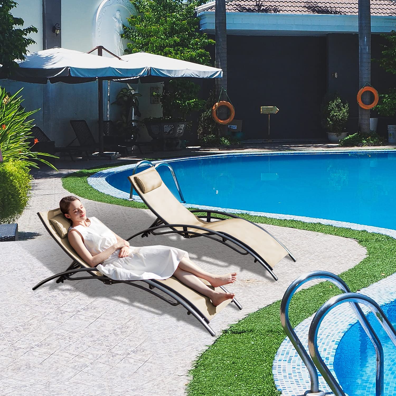 Outdoor Patio Chaise Lounge Chairs Set of 2 - Adjustable Backrest (5 Positions) with Headrest - Waterproof Poolside & Balcony Furniture - Cappuccino Color - Perfect for Sunbathing, Relaxing by the Pool, or Lounging on Your Deck