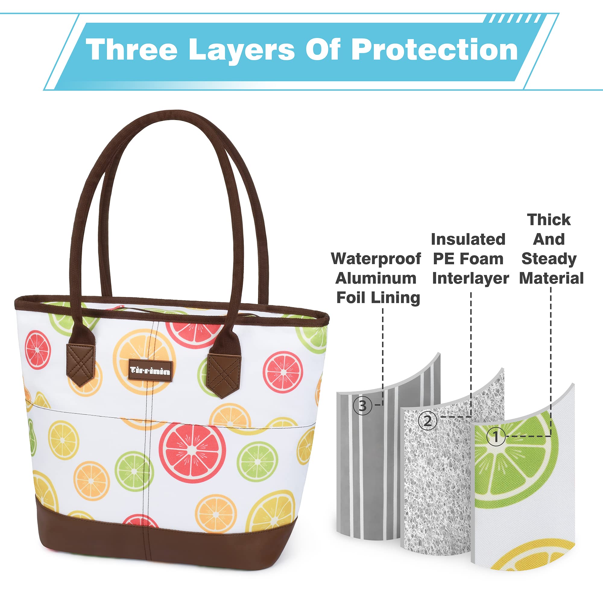 Tirrinia Large Insulated Lunch Tote Bag for Women - Waterproof Leakproof Cooler Bag with Zipper | Perfect for Work, Beach, Grocery Shopping & Frozen Food Storage | Stylish White Lemon Design