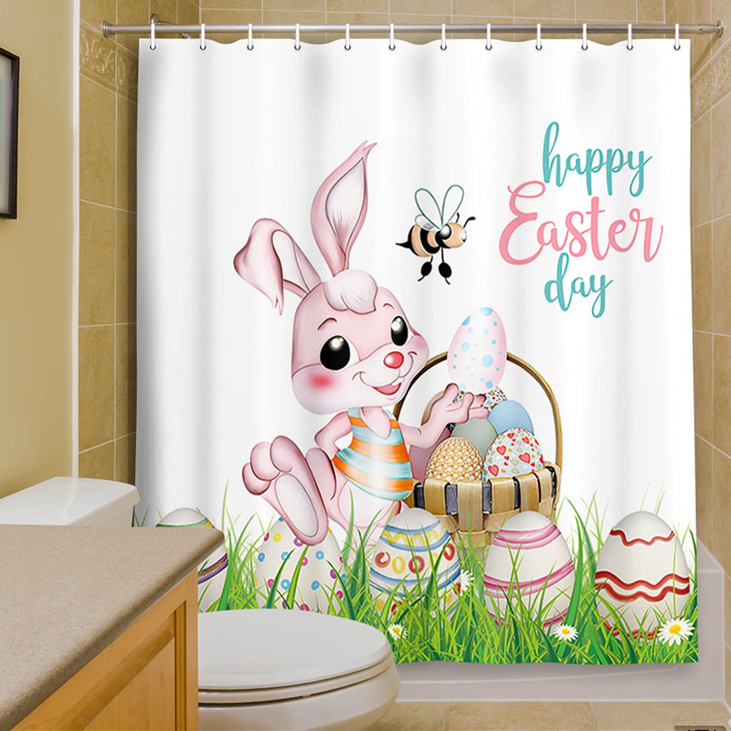 Easter Shower Curtain - Cute Bunny Rabbit with Spring Flowers & Easter Eggs Design, Waterproof Fabric Bathroom Decor Set with Hooks, 71x71 Inches - Perfect for Easter Home Decor, Spring Bathroom Makeover & Holiday Gift