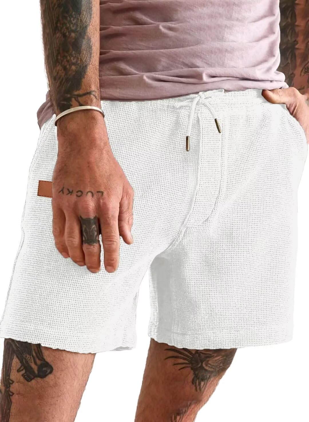 Men's Casual Waffle Shorts with Elastic Waist & Drawstring - 7