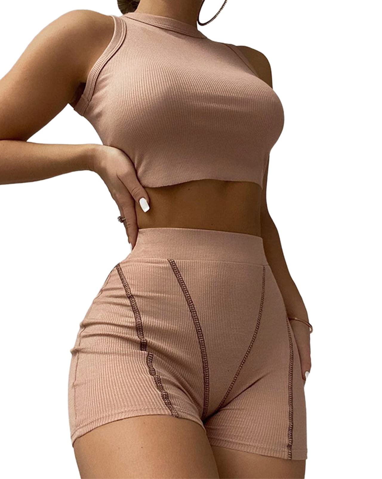 Women's 2-Piece Summer Ribbed Tracksuit Set - Crop Top Tank & Shorts Workout Outfit | Gym, Yoga, Running, Lounge Wear | Comfortable Sweatsuit Romper for Active Women