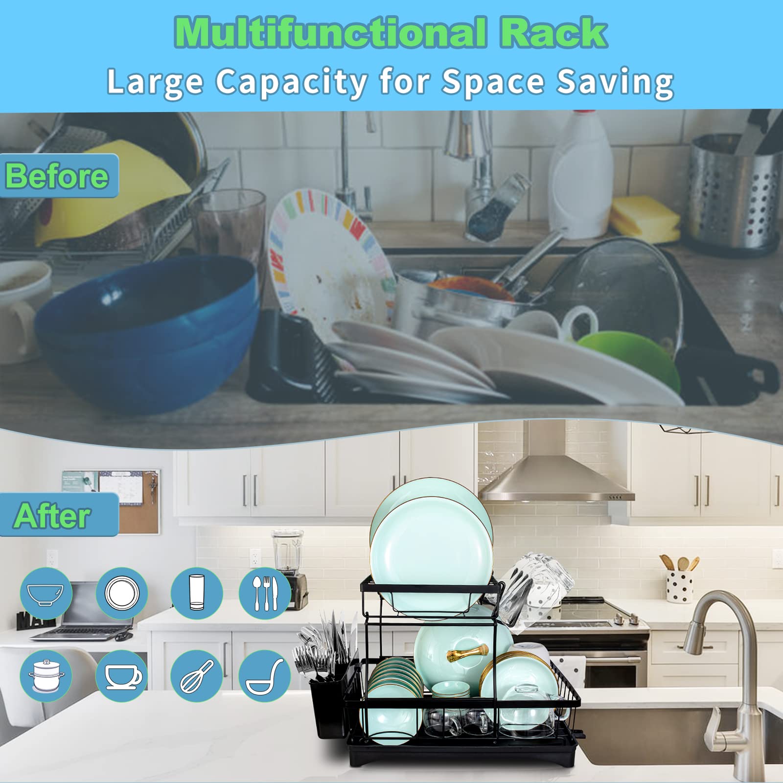 2-Tier Stainless Steel Dish Drying Rack with Drainboard - Large Capacity Kitchen Counter Organizer with Utensil Holder & Cup Rack (Black) - Perfect for Small Kitchens, Apartments & Dishwashing Organization
