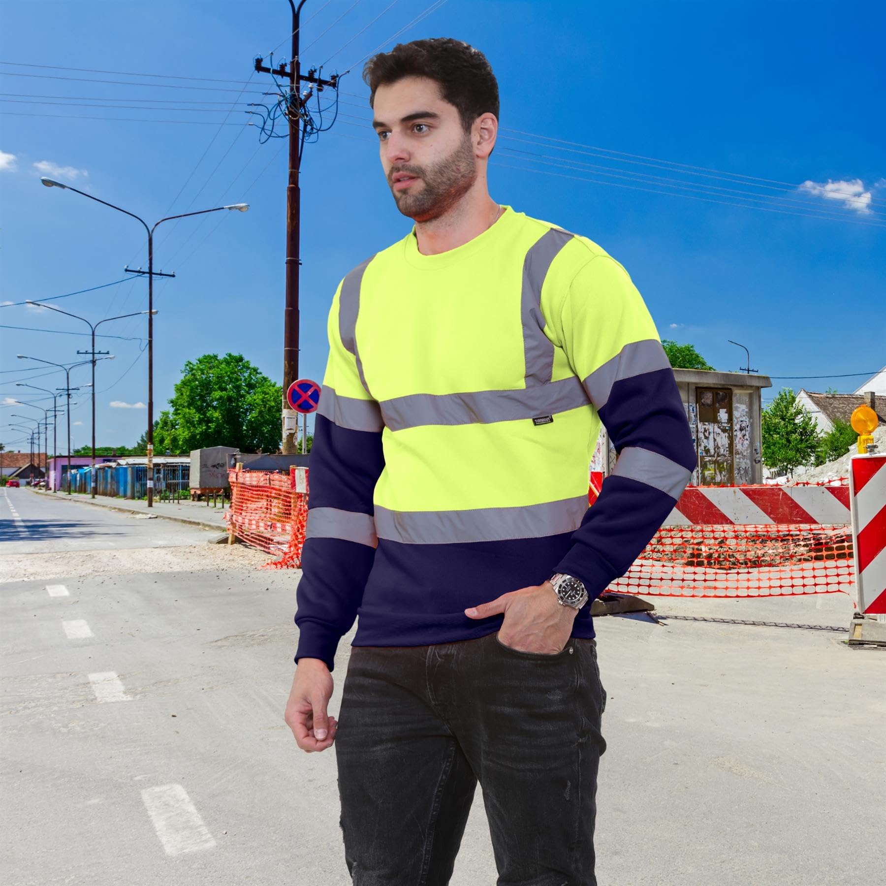 Janisramone Men's High Visibility Reflective Fleece Sweatshirt - Hi-Viz Safety Workwear for Construction, Jogging & Night Outdoor Activities