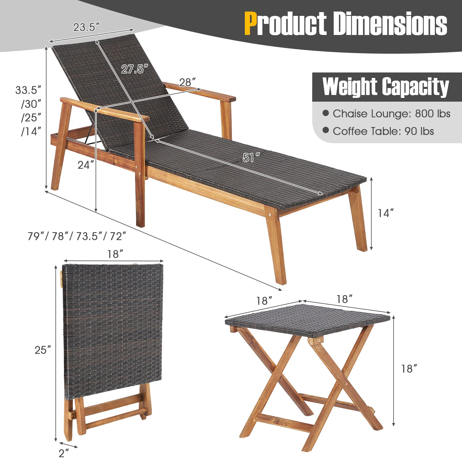 Tangkula 3-Piece Outdoor Patio Furniture Set - Acacia Wood Rattan Chaise Lounge Chairs with Adjustable Backrest & Folding Side Table - Durable Mix Brown Recliner Set for Backyard, Poolside, Garden Relaxation