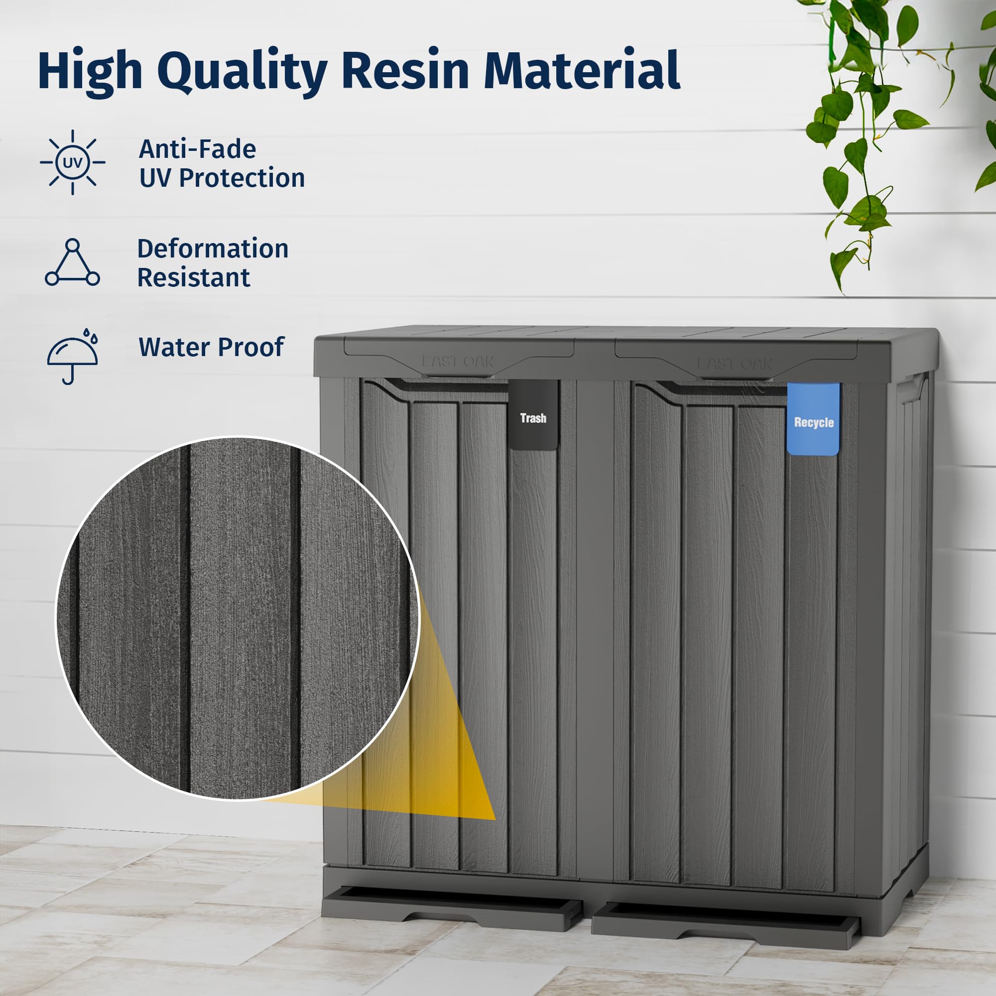 EAST OAK 62 Gallon Outdoor Trash Can - Waterproof Resin Garbage Bin with Recycle & Trash Labels, Secure Bag Lock & Drip Tray - Heavy Duty Outdoor Waste Container for Patio, Backyard, Deck, Garden & Garage - Perfect for Home, Restaurant & Commercial Use - Gray