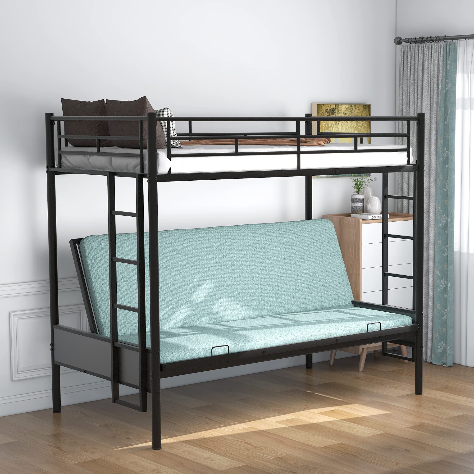 Convertible Metal Bunk Bed Frame - Twin Over Full Size with Ladder | Heavy Duty for Kids, Teens & Adults | Futon to Full Bed Conversion | Perfect for Small Spaces, Guest Rooms & Dormitories