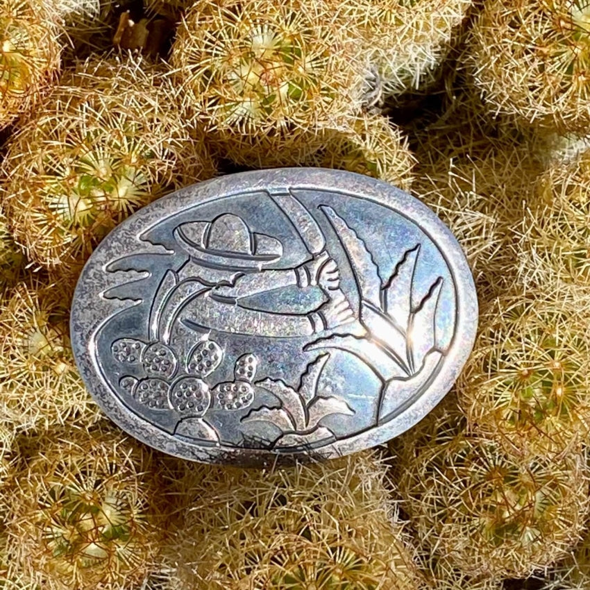 Vintage Mexican Cactus Agave Harvester Pin Sterling Silver - Authentic Handmade Mexican Jewelry for Western Fashion & Cowboy Boot Accessories