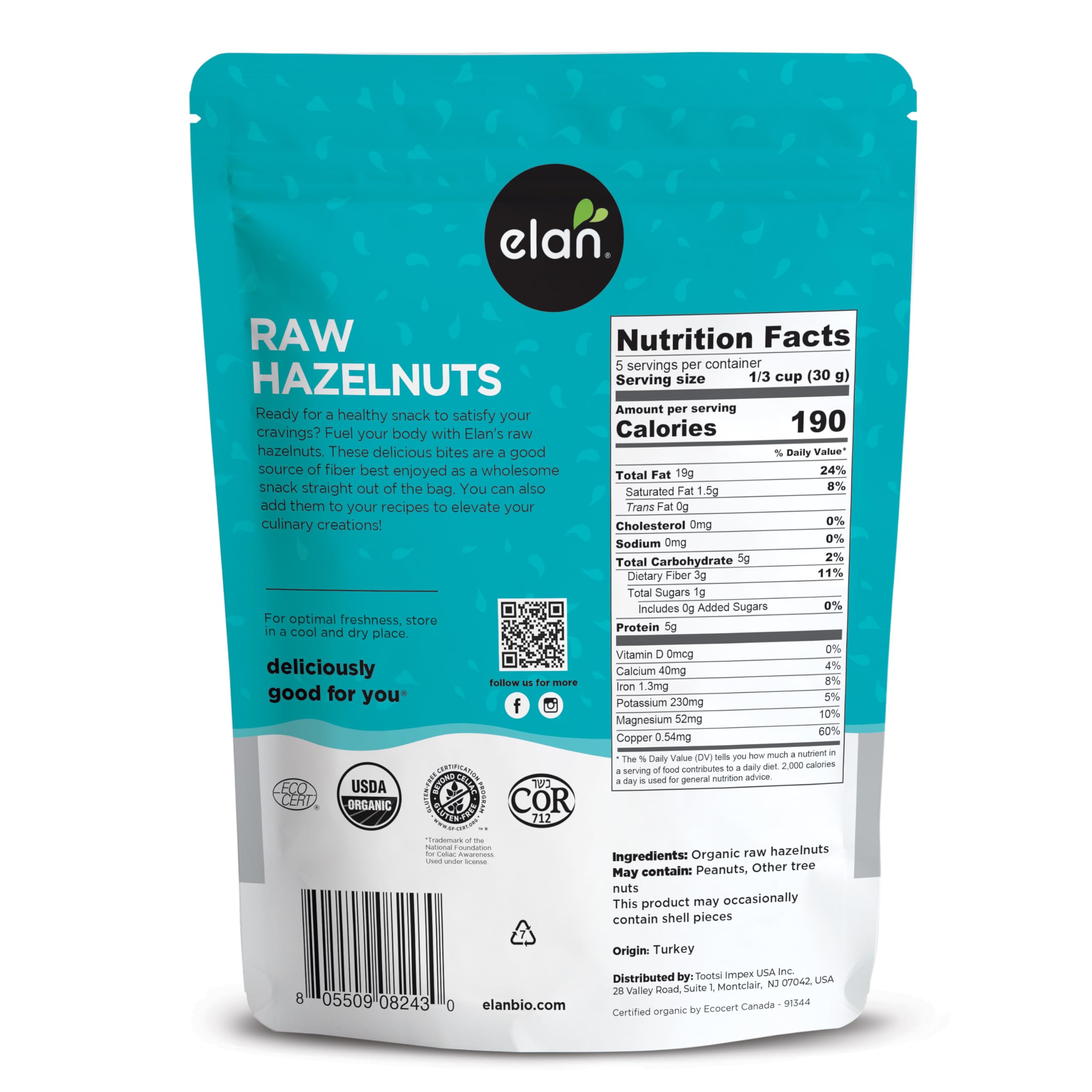 Organic Raw Hazelnuts (Filberts) - 5.8 oz, Unsalted, Unroasted, Shelled with Skins | Non-GMO, Vegan, Gluten-Free, Kosher | Healthy Snack for Baking, Salads & Trail Mix