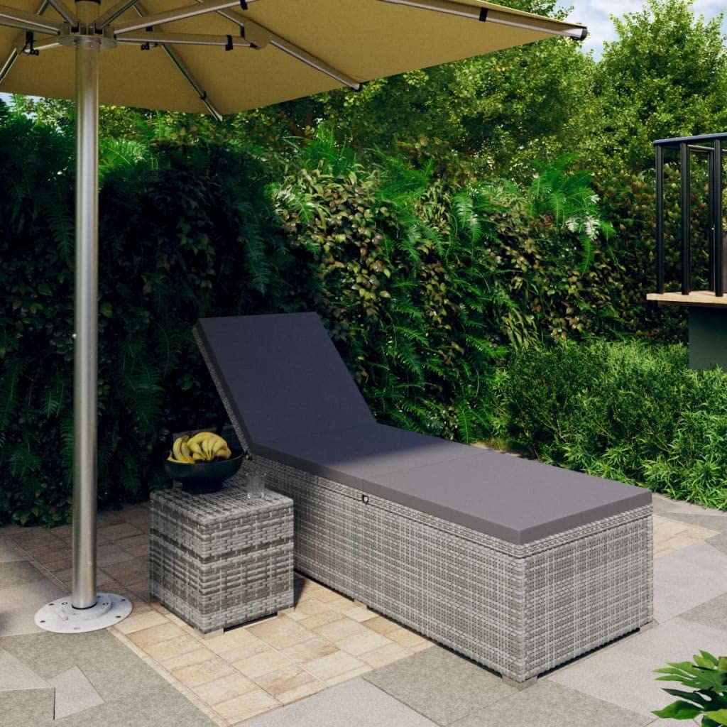 Premium Gray Poly Rattan Sun Lounger with Cushion & Side Tea Table - Outdoor Patio Furniture for Poolside, Garden, and Beach Relaxation
