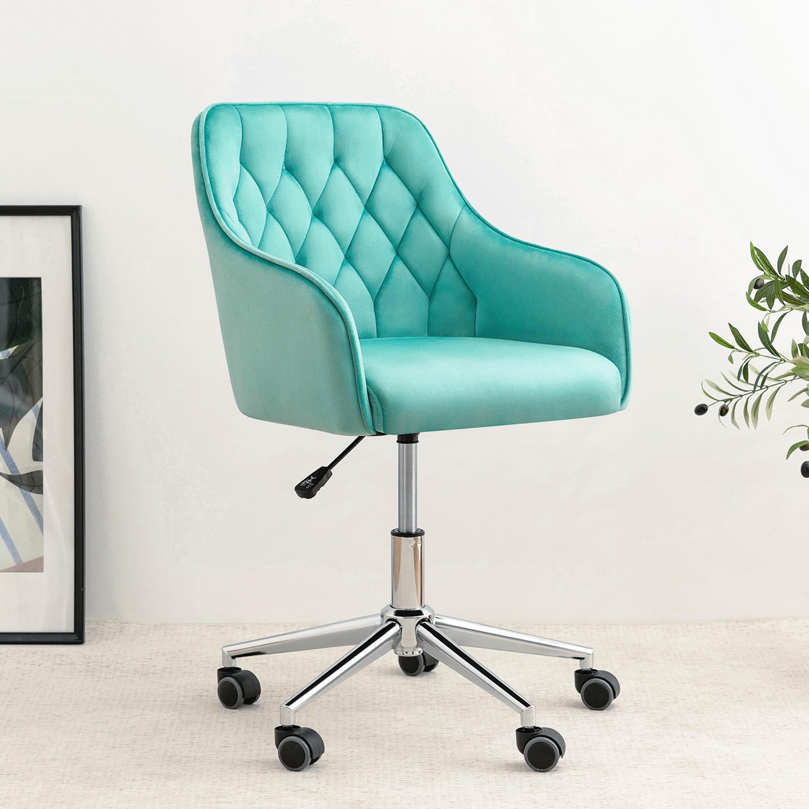 VANSPACE Velvet Adjustable Swivel Desk Chair with Wheels - Green Home Office Chair for Makeup Vanity, Bedroom & Study Room | Comfortable Rolling Chair for Work, Gaming & Beauty Station