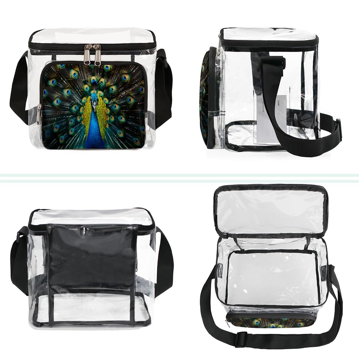 GzLeyigou Transparent Peacock Print Tote Bag with Handles - Clear Shoulder Bag for Women, Fashionable Crossbody Purse for Outdoor, Travel, Picnic, Concerts & Sports Events (Stadium Approved) - Perfect for Beach Days, Music Festivals and Shopping Trips