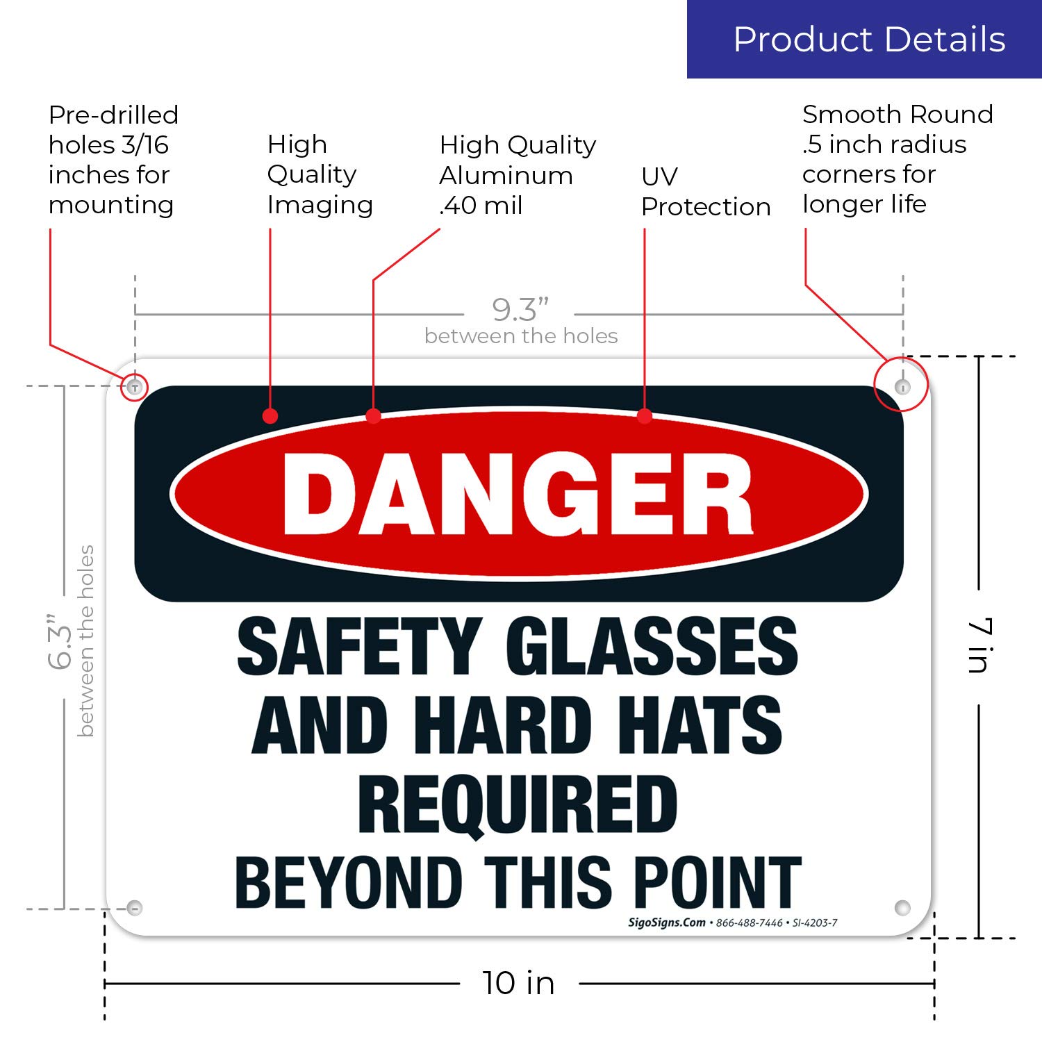 Danger Safety Glasses and Hard Hats Required Beyond This Point Sign - OSHA Compliant 10x7 Inch Aluminum Safety Sign, Rust-Free .040 Gauge, Fade Resistant for Indoor/Outdoor Use - Made in USA | Perfect for Construction Sites, Factories & Hazardous Work Areas