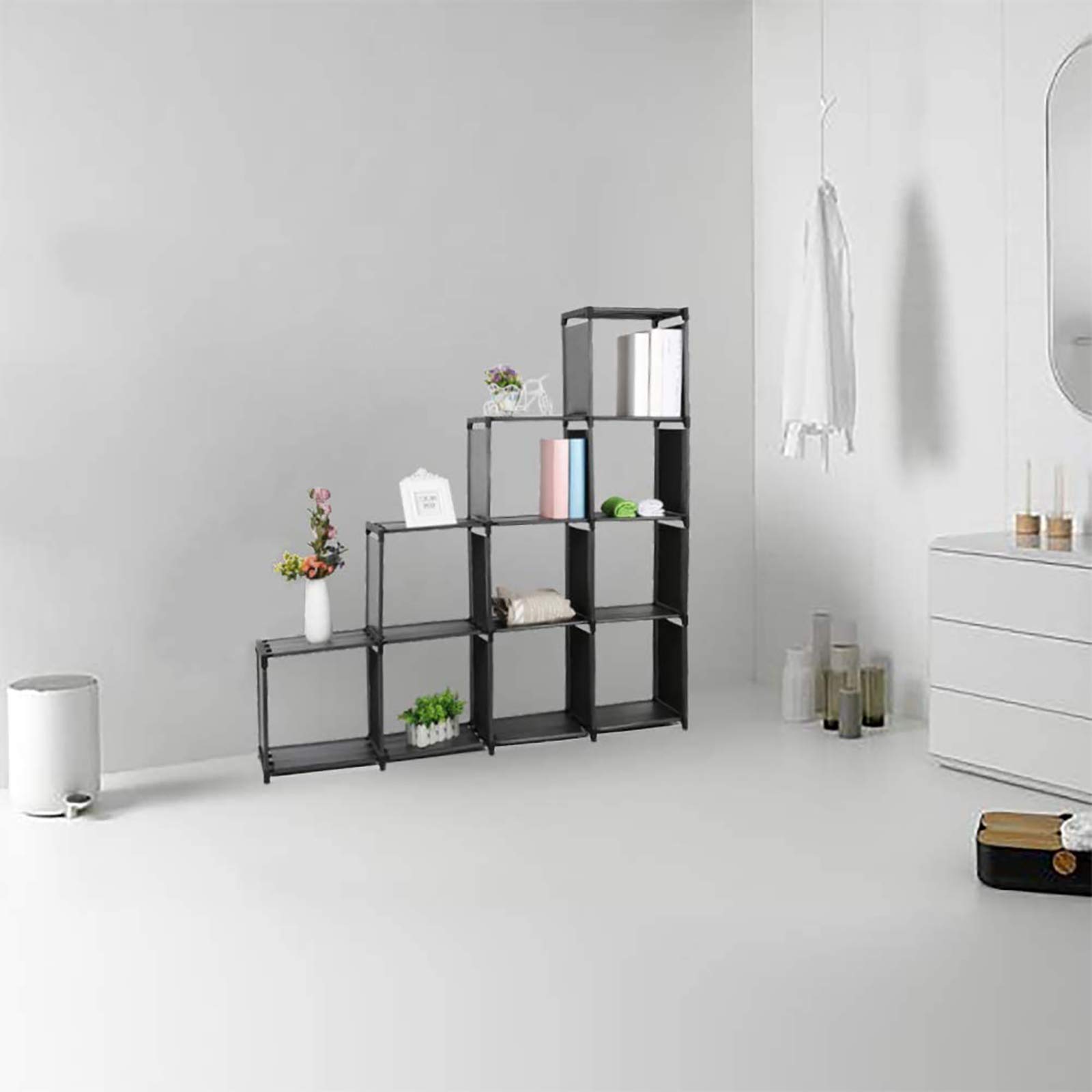 10-Cube Storage Organizer Shelf Unit - Modular Bookcase & Closet Organizer for Bedroom, Living Room, Kids Toys & Home Organization - DIY Staircase Design for Daily Necessities - Perfect for Small Spaces & Home Decor (Black)