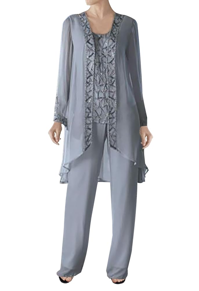 3-Piece Mother of the Bride Pant Suit Set - Beaded Chiffon Jacket Formal Evening Dress for Wedding Guest & Groom Women | Perfect for Weddings, Galas & Special Occasions
