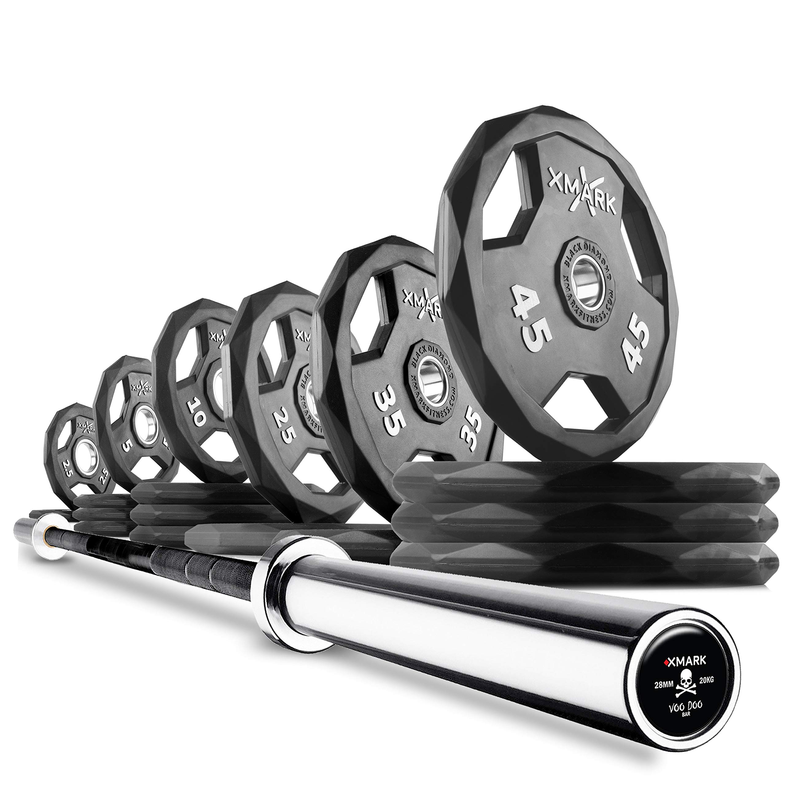 XMark Olympic Weight Set with 7' Olympic Barbell Bar - 300LB Black Diamond Weight Plates for Home Gym & Strength Training | Perfect for CrossFit, Powerlifting & Weightlifting Workouts