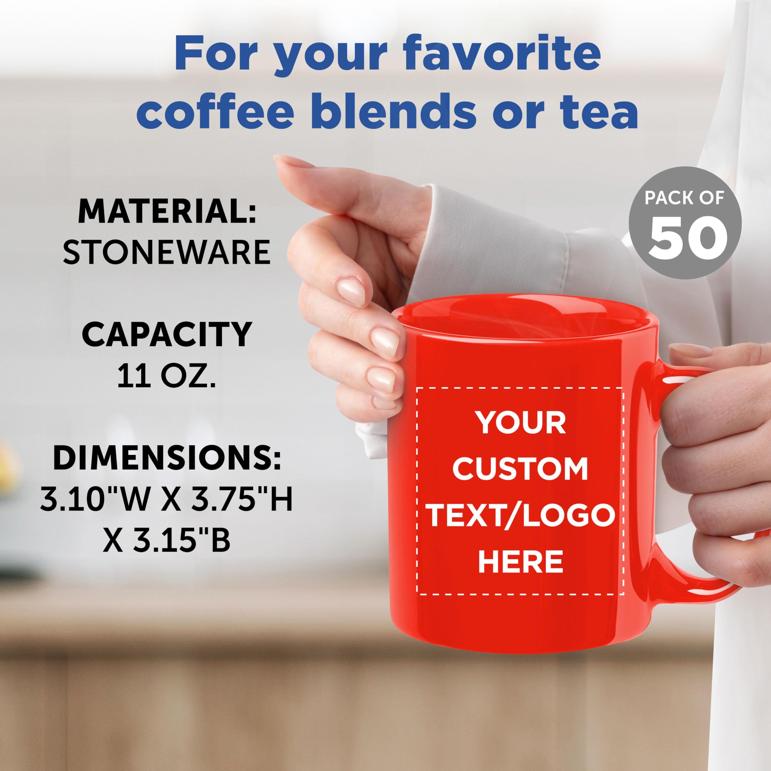 Custom 11 oz Ceramic Coffee Mugs Bulk Set of 50 - Personalized Coffee Cups for Hot & Iced Drinks, Gaming, Office & Home Use - Red