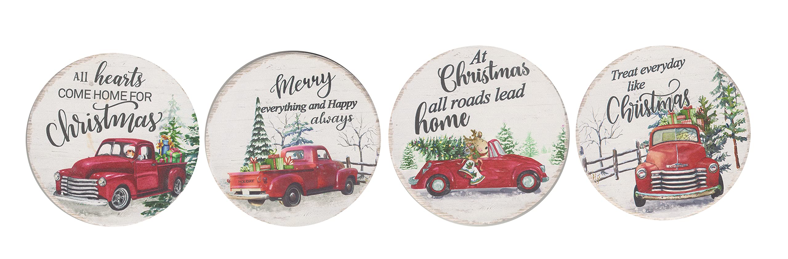 Christmas Ceramic Coasters Set of 4 - Red Truck & Car Holiday Theme with Cork Backing - 3.75 Inch Round Drink Coasters Featuring Festive Phrases & Scenes - Perfect for Holiday Parties, Home Decor & Gift Giving