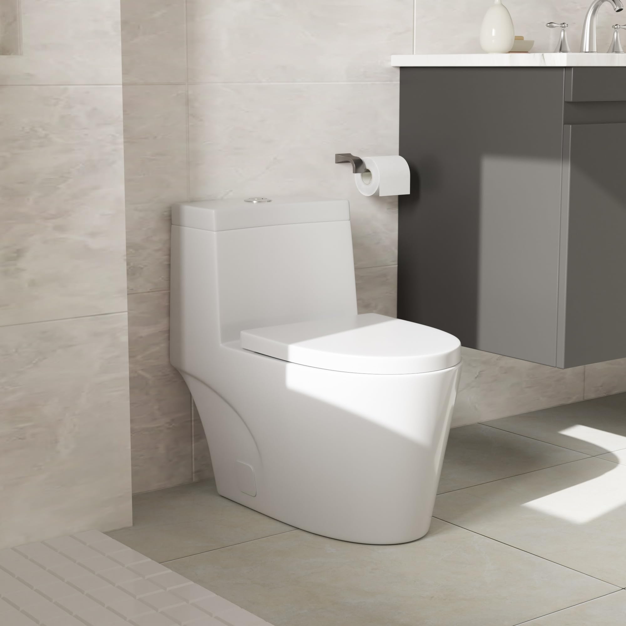 Modern One-Piece White Ceramic Toilet - Comfort Height, Dual Flush (0.93/1.28 GPF), Elongated Round Bowl with Soft Close Seat, 12