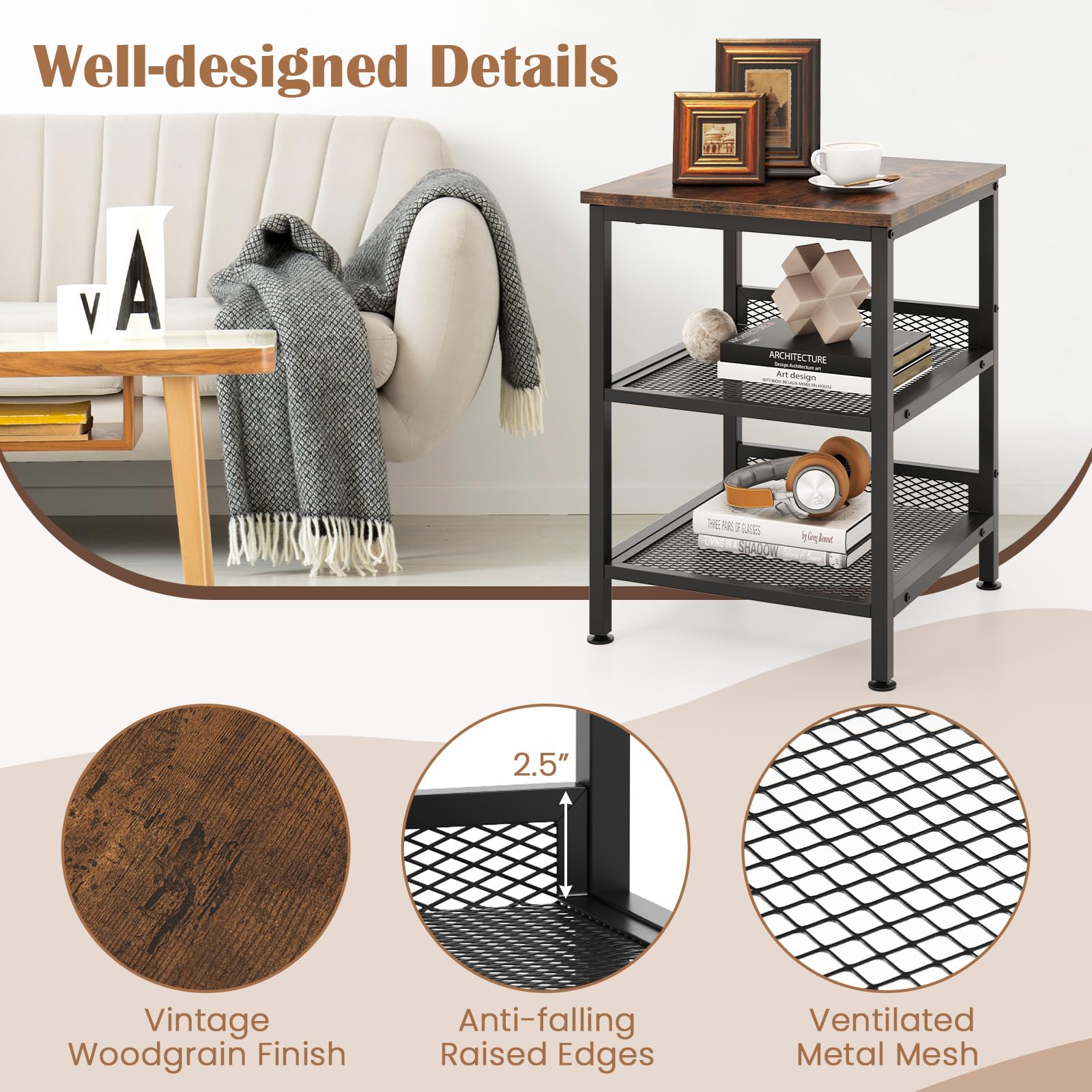 Giantex 2-Pack 3-Tier Industrial End Tables with Mesh Storage Shelves - 16