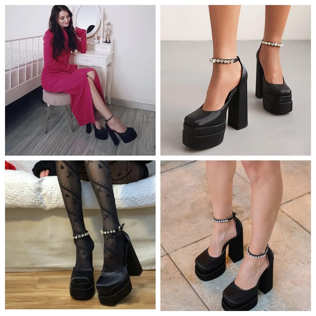 Women's Chunky Heel Platform Pumps - Square Toe Rhinestone Ankle Strap Satin Dress Shoes for Party, Wedding & Evening Events
