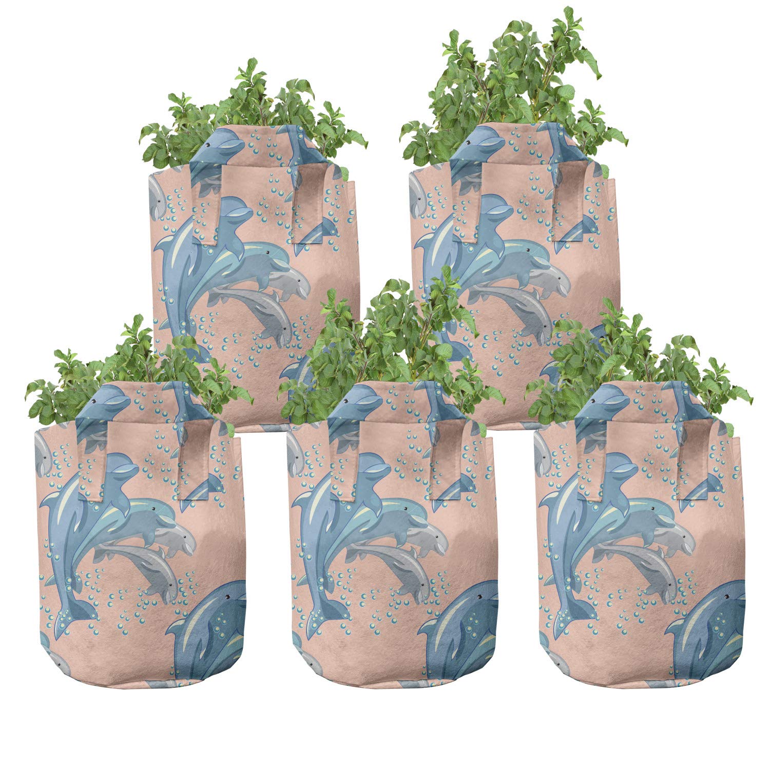 Lunarable 5-Pack 5 Gallon Heavy Duty Fabric Grow Bags with Handles - Cute Dolphin & Happy Animal Print Plant Pots for Indoor/Outdoor Gardening, Vegetables, Herbs, Flowers