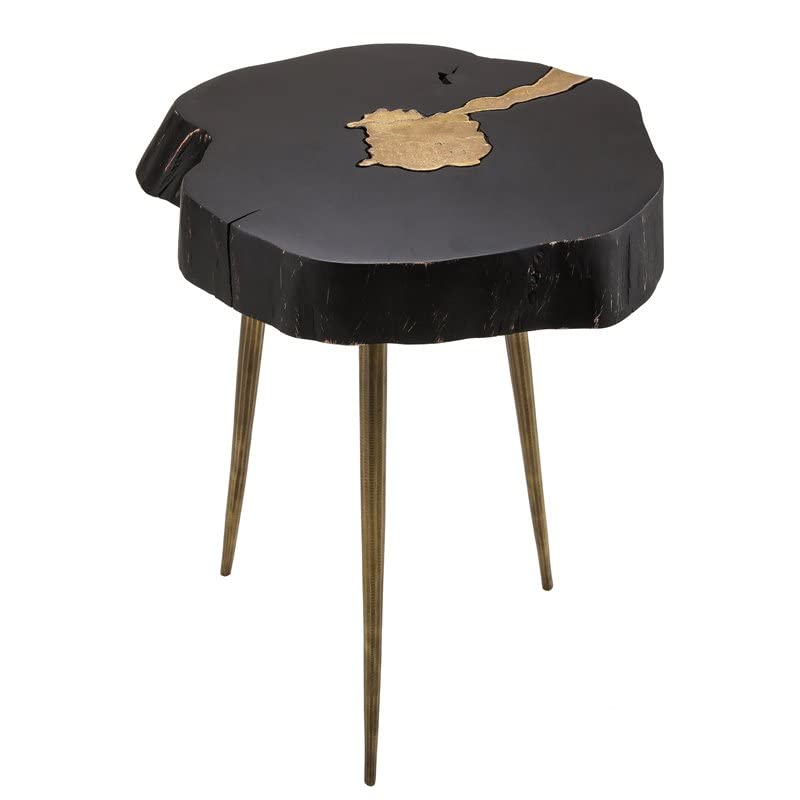 TOV Furniture Timber Rustic Wood Side Table - 16 Inch Black Finish with Brass Accents - Perfect for Living Room, Bedroom or Office Decor