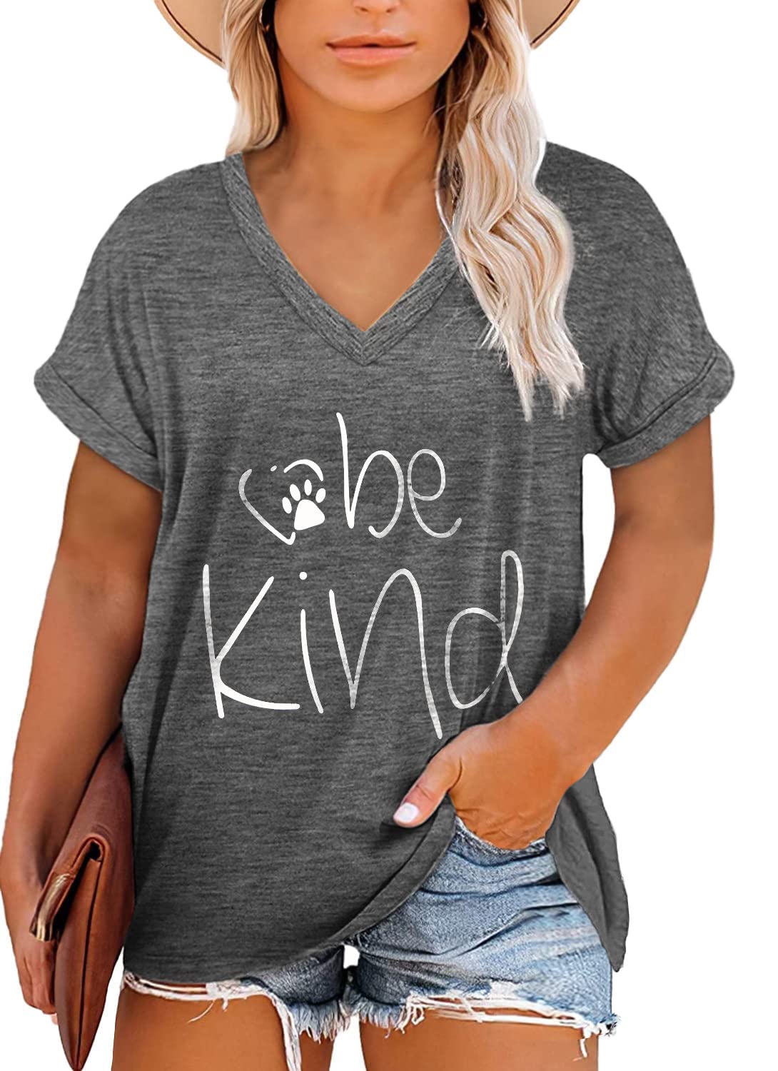 Women's Plus Size Be Kind V-Neck Graphic T-Shirt - Funny Inspirational Teacher Tee for Summer | Casual Wear, Classroom Outfits & Everyday Comfort